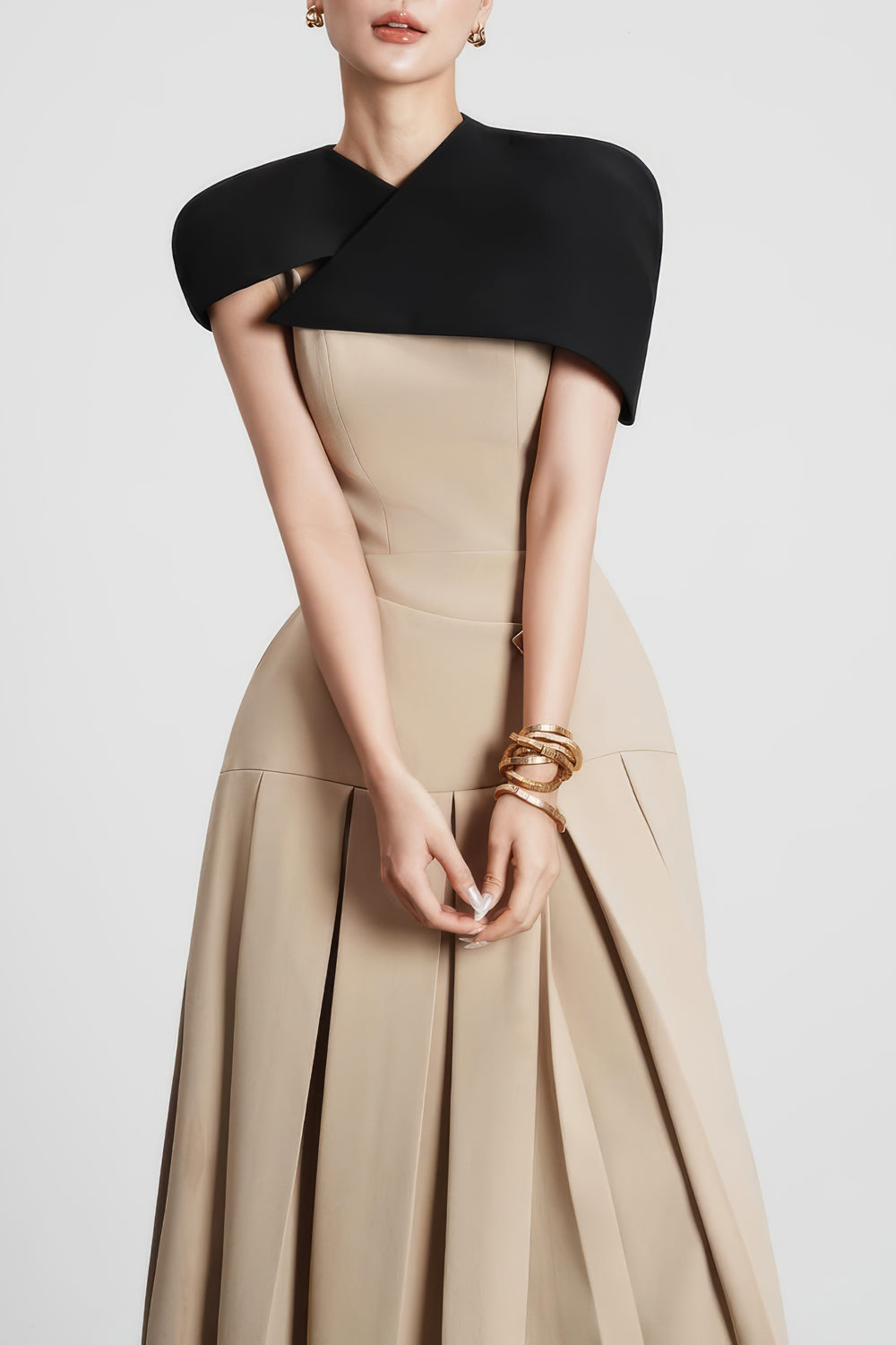 Pleated Midi Dress with Cape Overlay