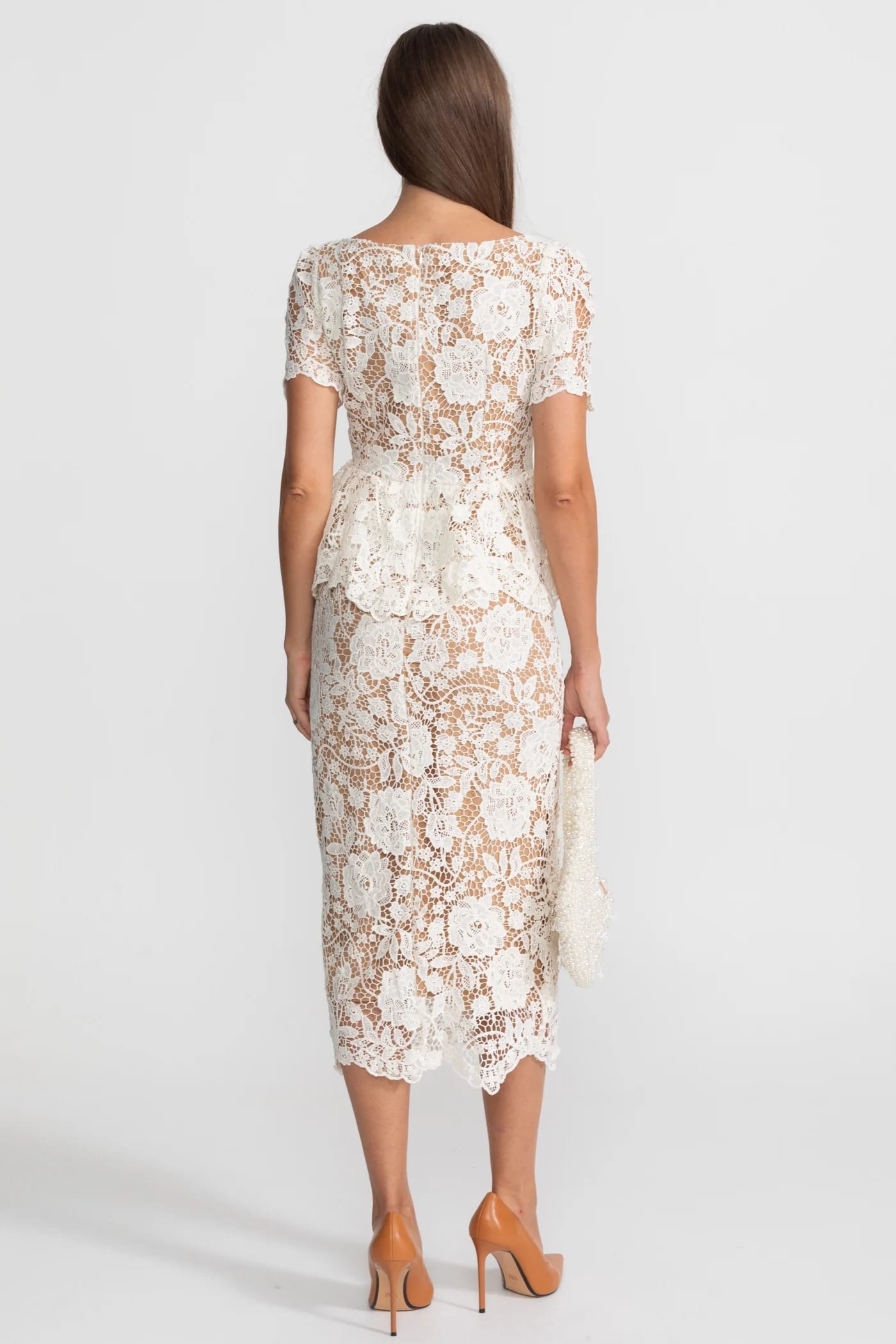 Short Sleeve Lace Midi Dress with Peplum Detail - White
