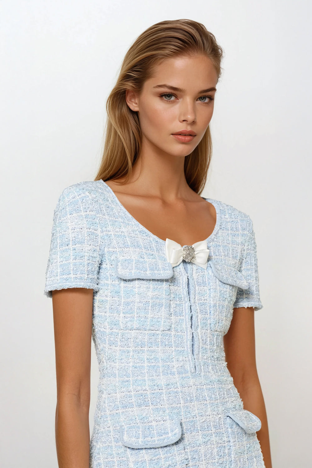 Knitted Bow Embellishment Mini Dress - Blue