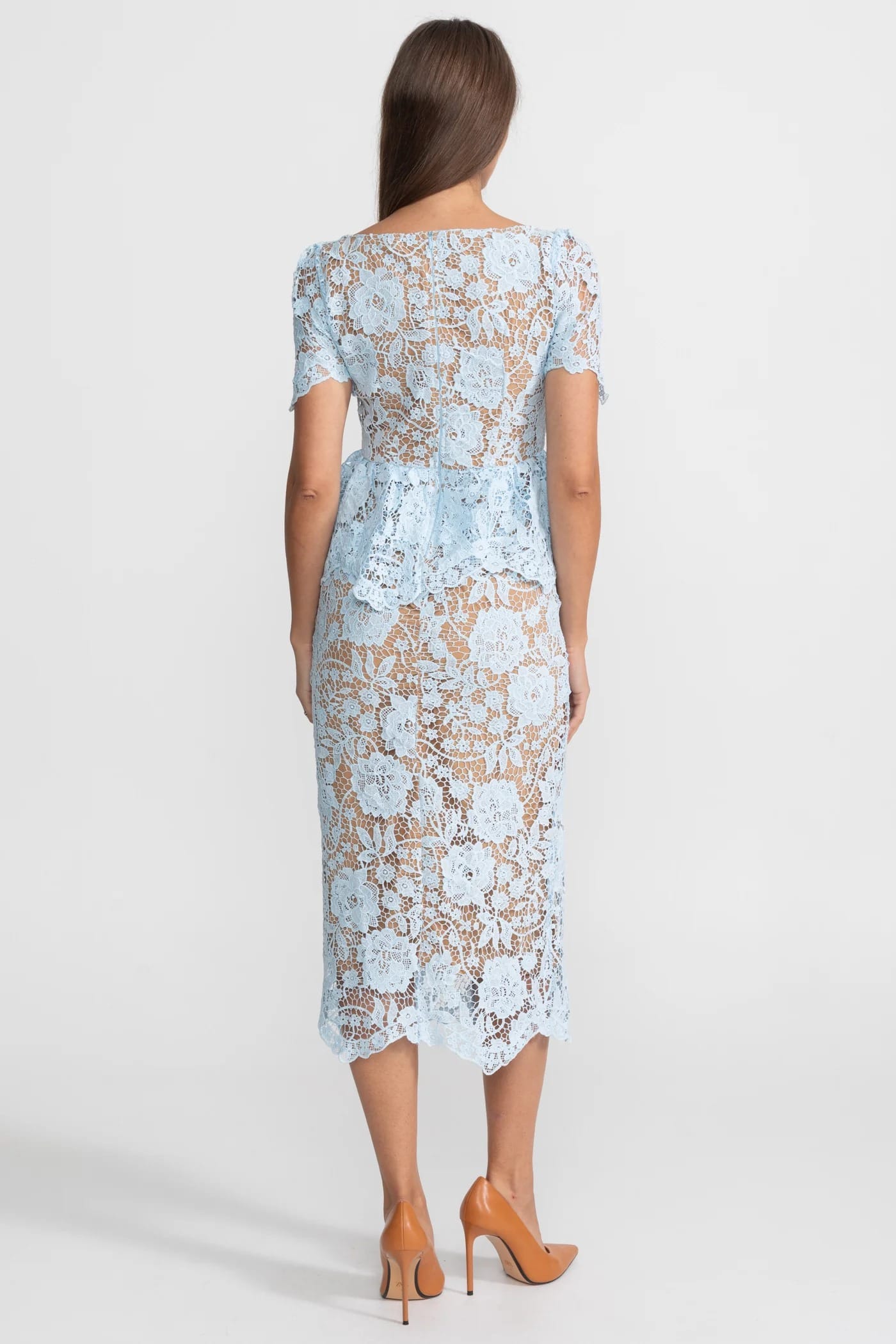 Short Sleeve Lace Midi Dress with Peplum Detail - Blue