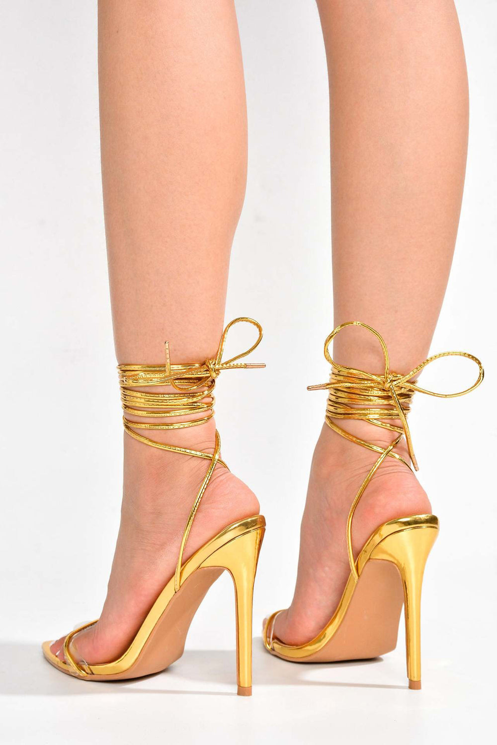 Lace-Up Sandals with Clear Strap and Wrapped Ankle - Gold