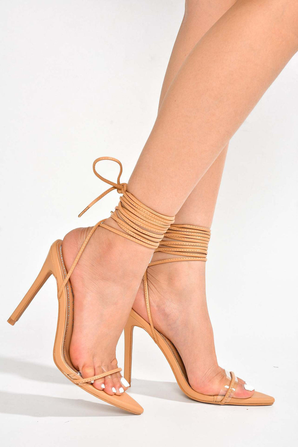 Lace-Up Sandals with Clear Strap and Wrapped Ankle - Apricot