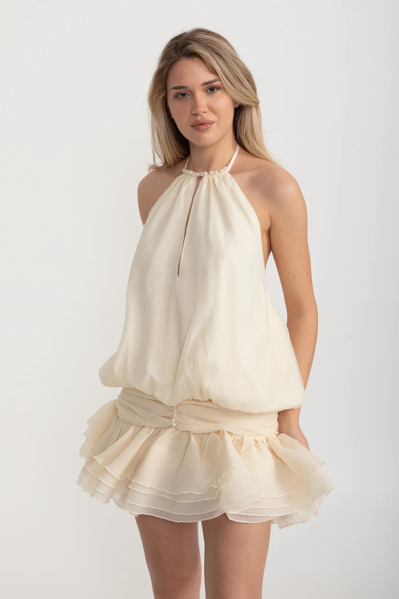 Pearl Halter Puff Dress With Layered Mini Skirt - Ivoire