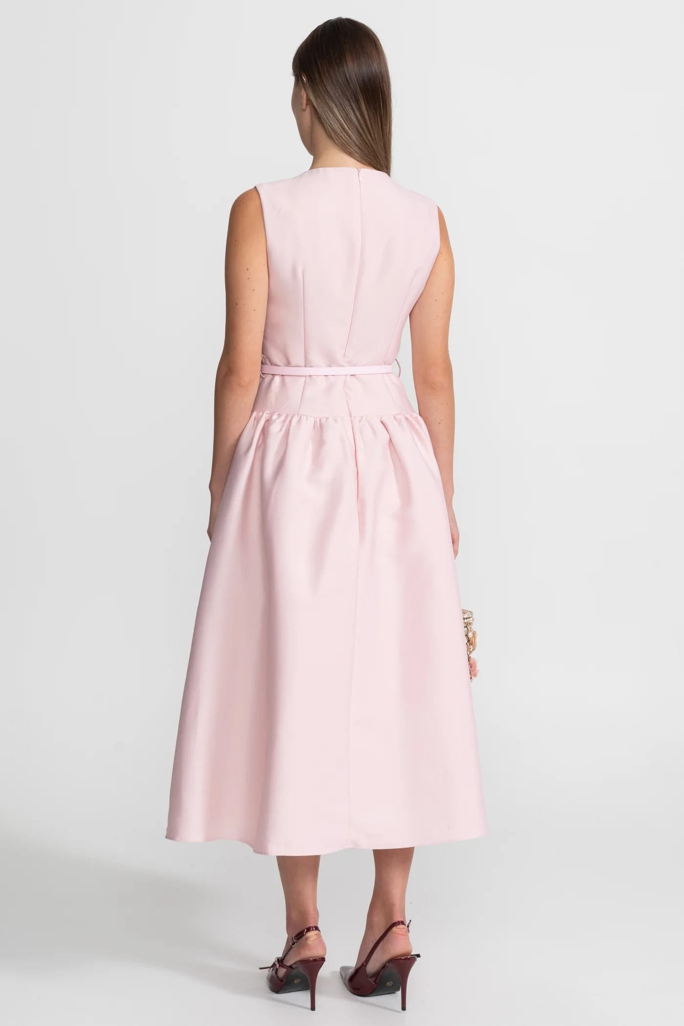 Sleeveless Midi Dress with Belt and Front Pockets - Pink