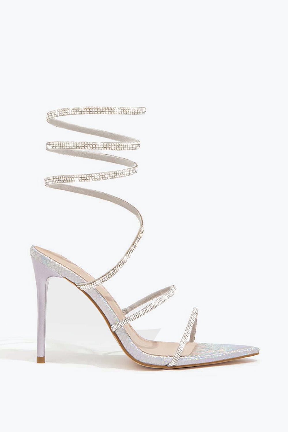 Wraparound Sandals with Shiny Pointed Toe and Crystal Straps - Silver