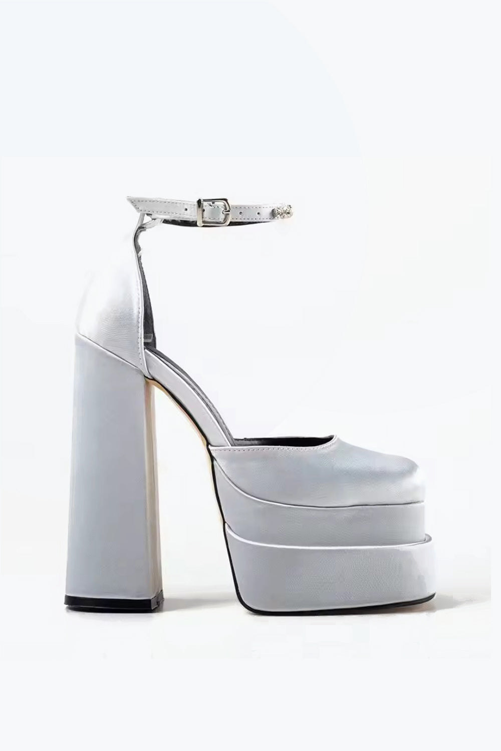 Platform Heels with Rhinestone Ankle Strap - Silver