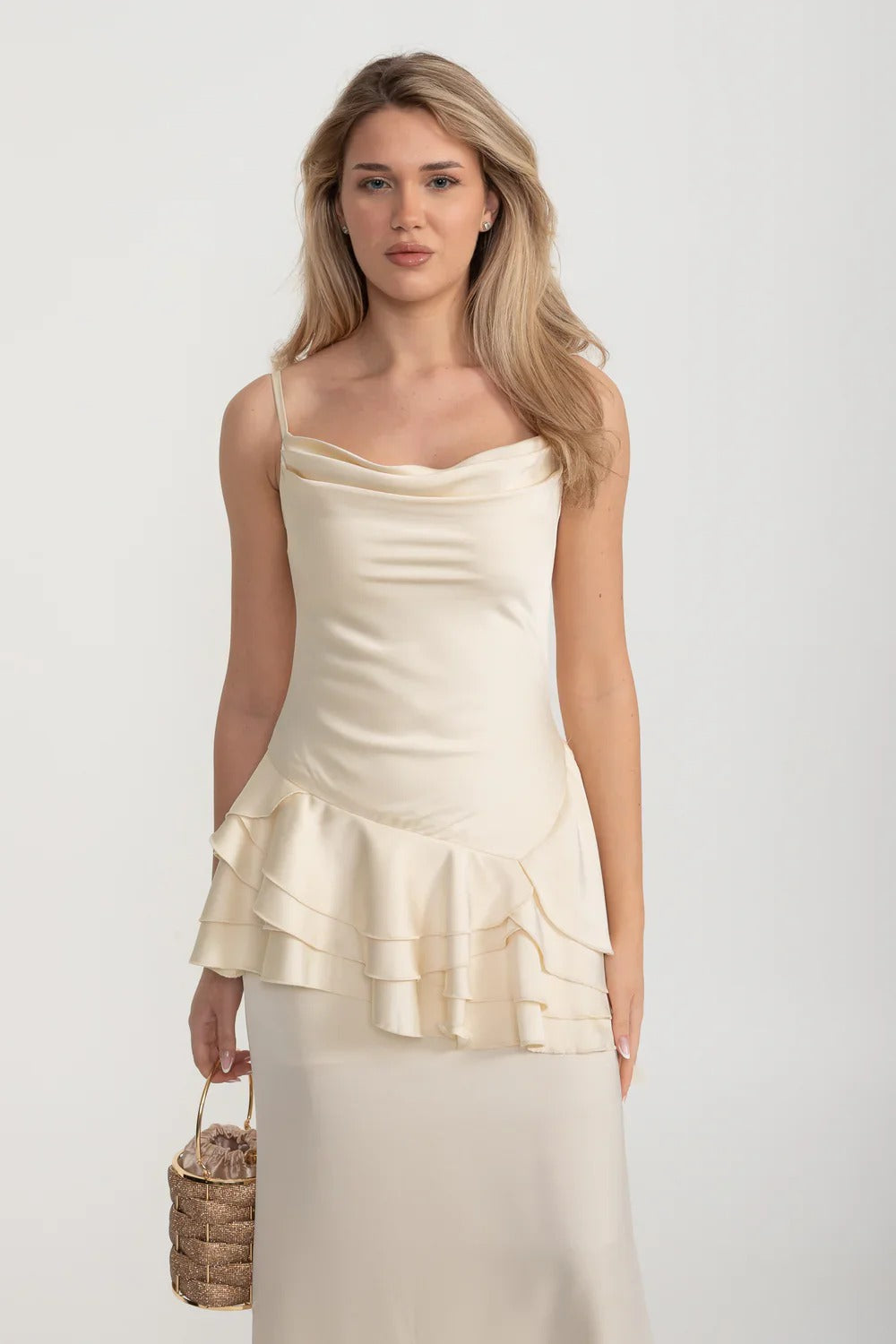 Satin Peplum Gown with Draped Ruffle Detail - Ivoire