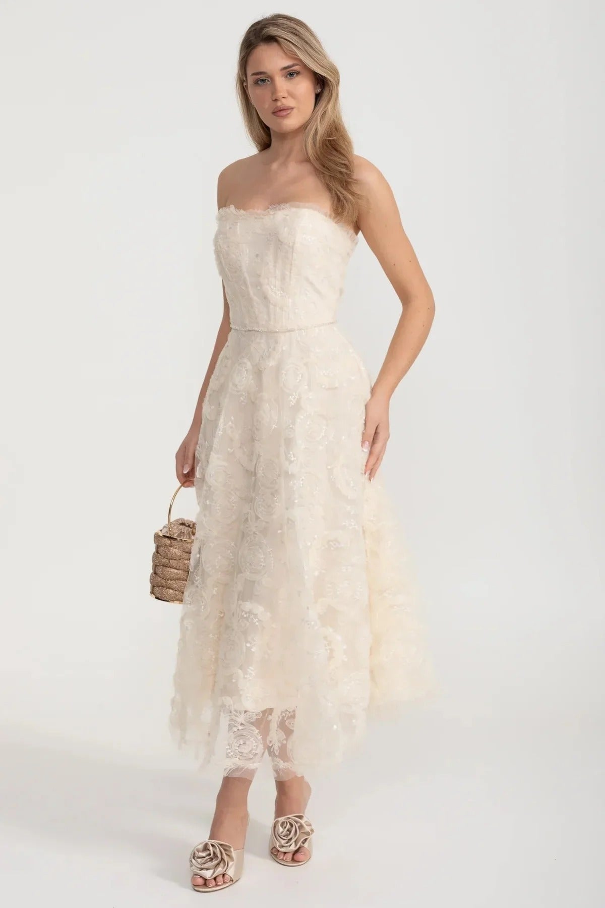 Strapless Lace Midi Dress with Scalloped Hem - Ivoire