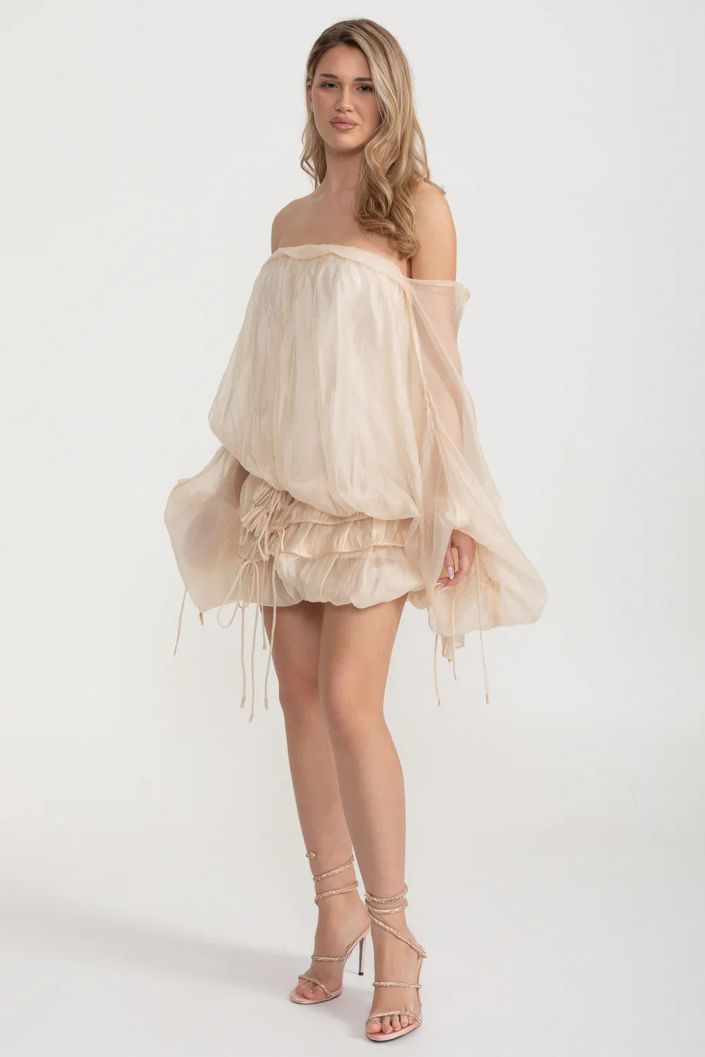 Off-Shoulder Organza Mini Dress with Ruching and Drawstring Detail - Beige