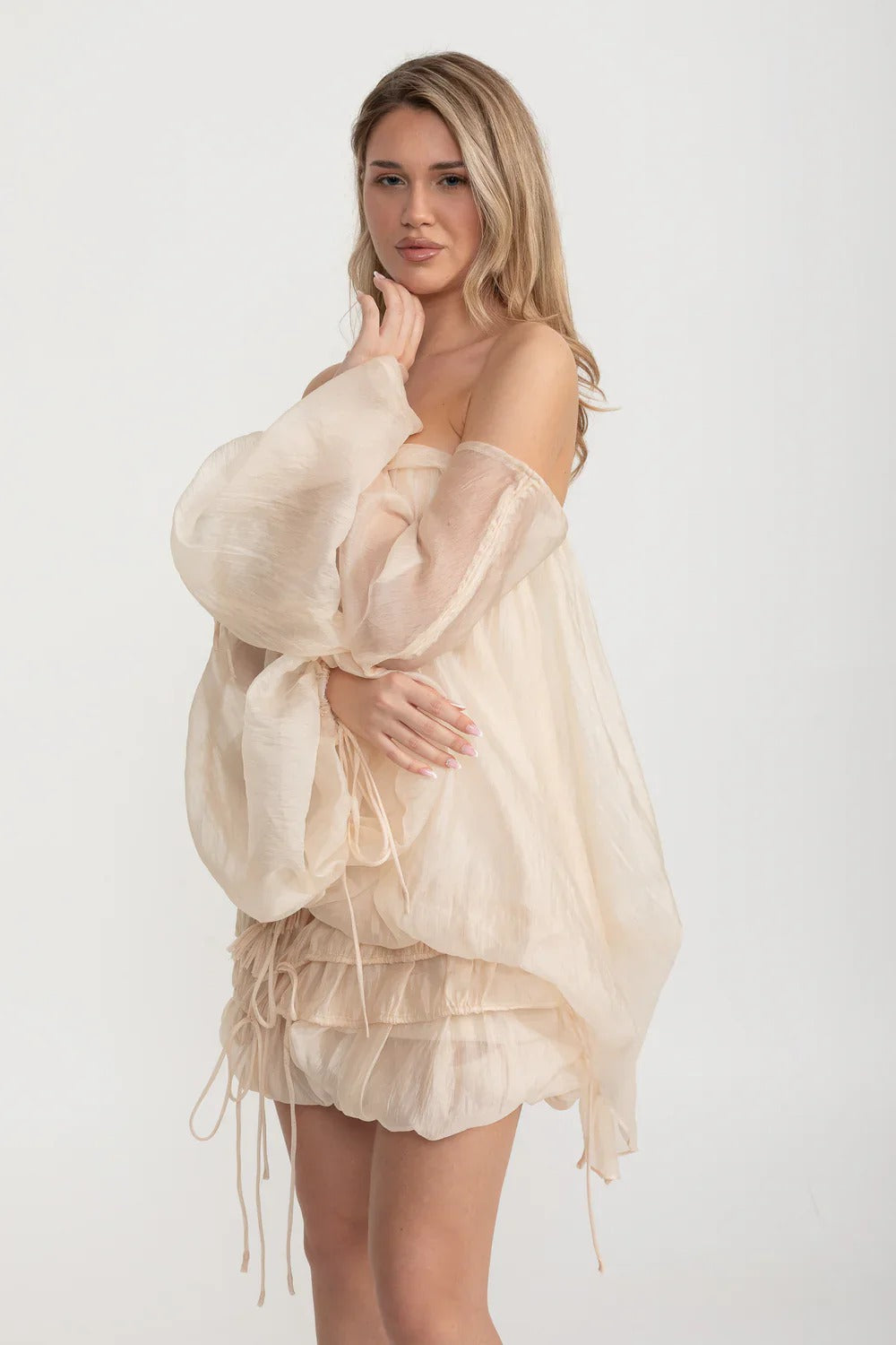Off-Shoulder Organza Mini Dress with Ruching and Drawstring Detail - Beige