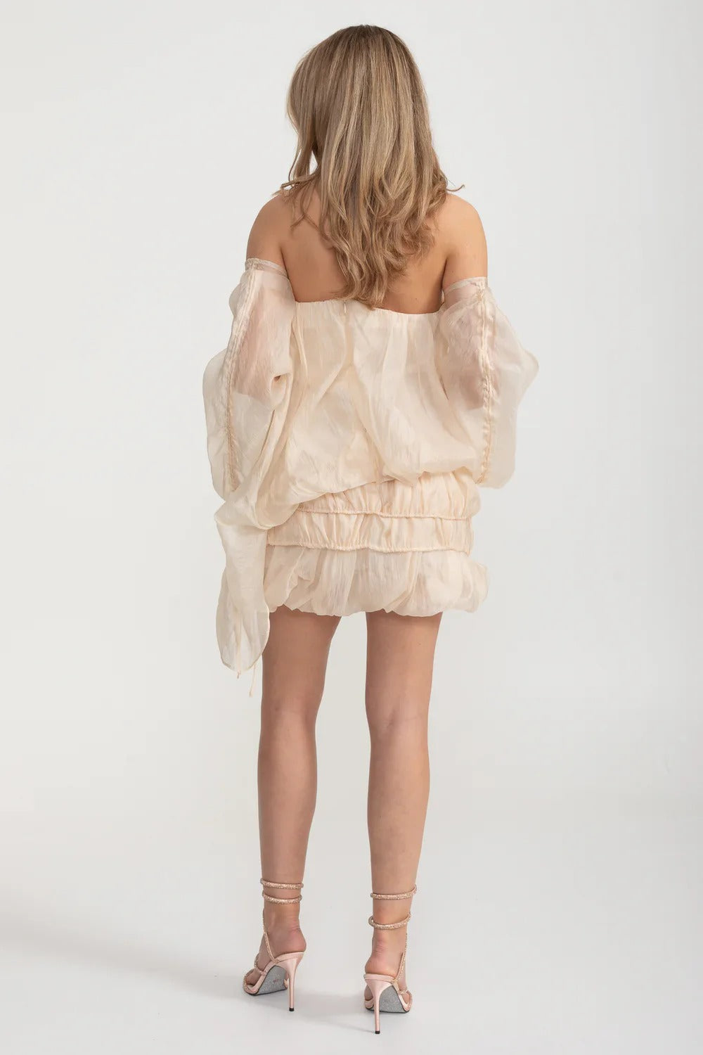 Off-Shoulder Organza Mini Dress with Ruching and Drawstring Detail - Beige