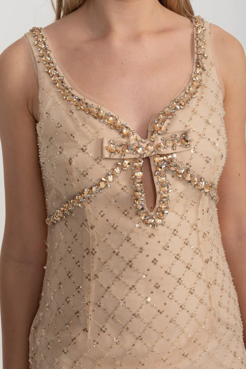 Embellished Mesh Mini Dress with Bow Cutout - Beige