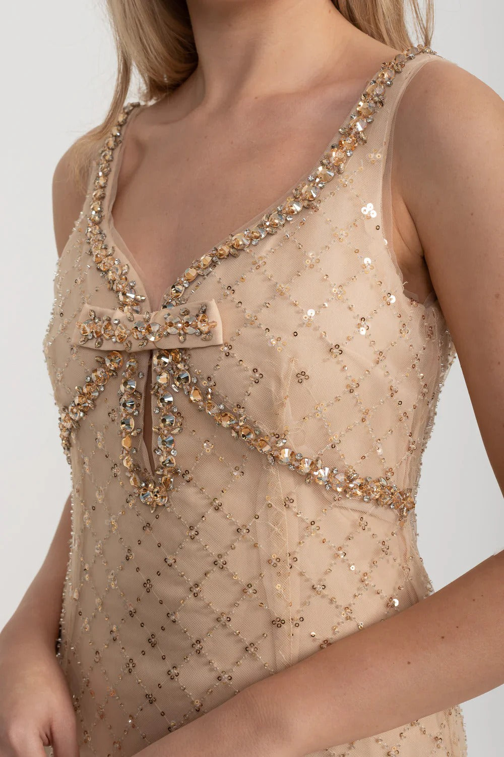 Embellished Mesh Mini Dress with Bow Cutout - Beige