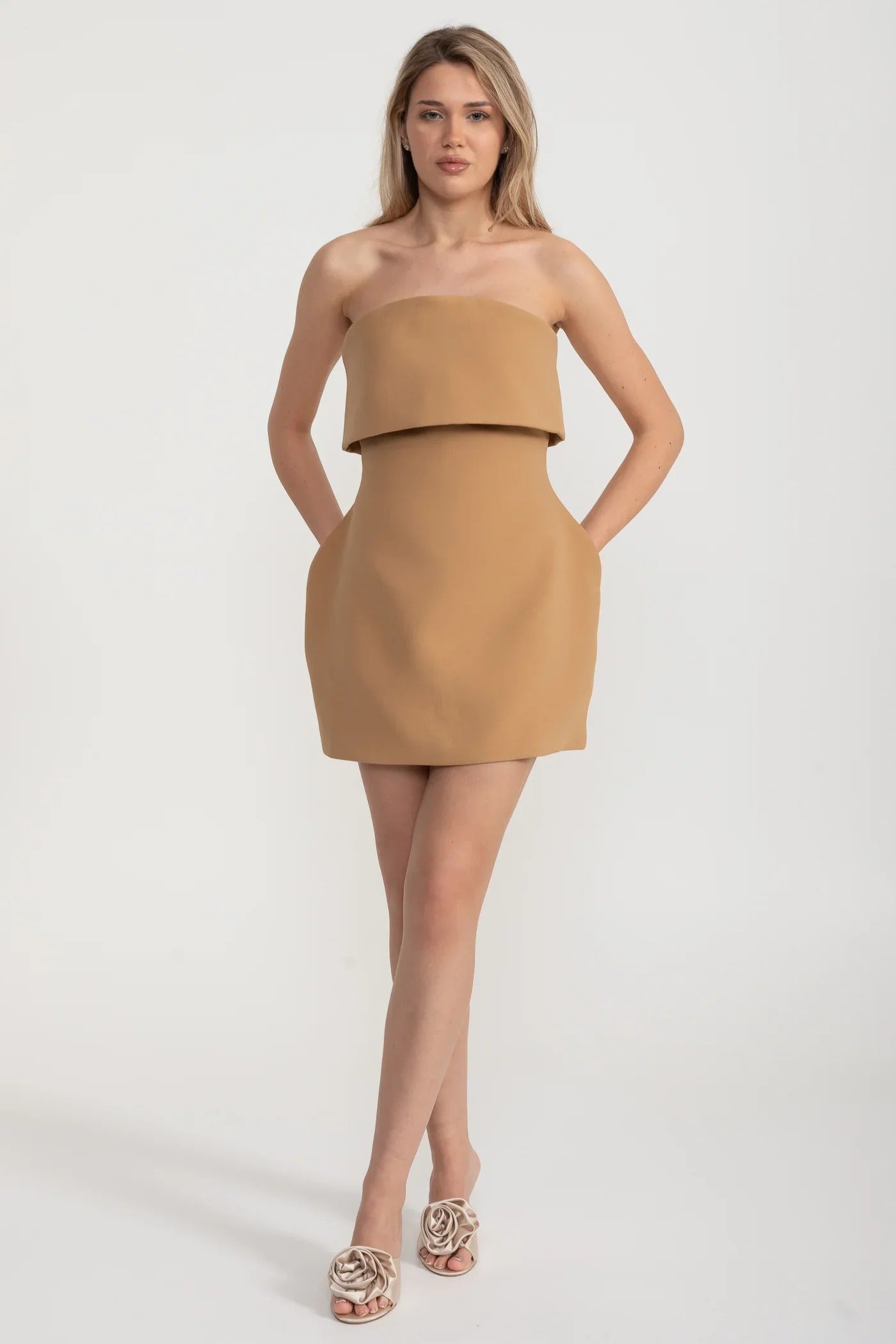 Strapless Sculpted Mini Dress - Beige