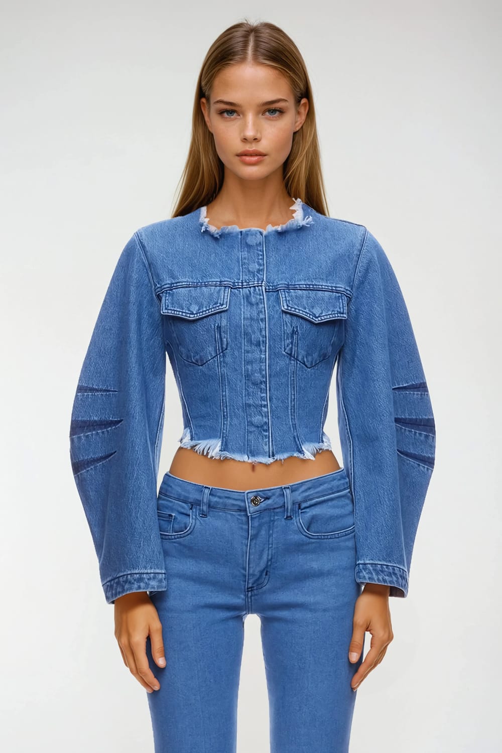 Cropped Denim Jacket with Raw Hem - Blue