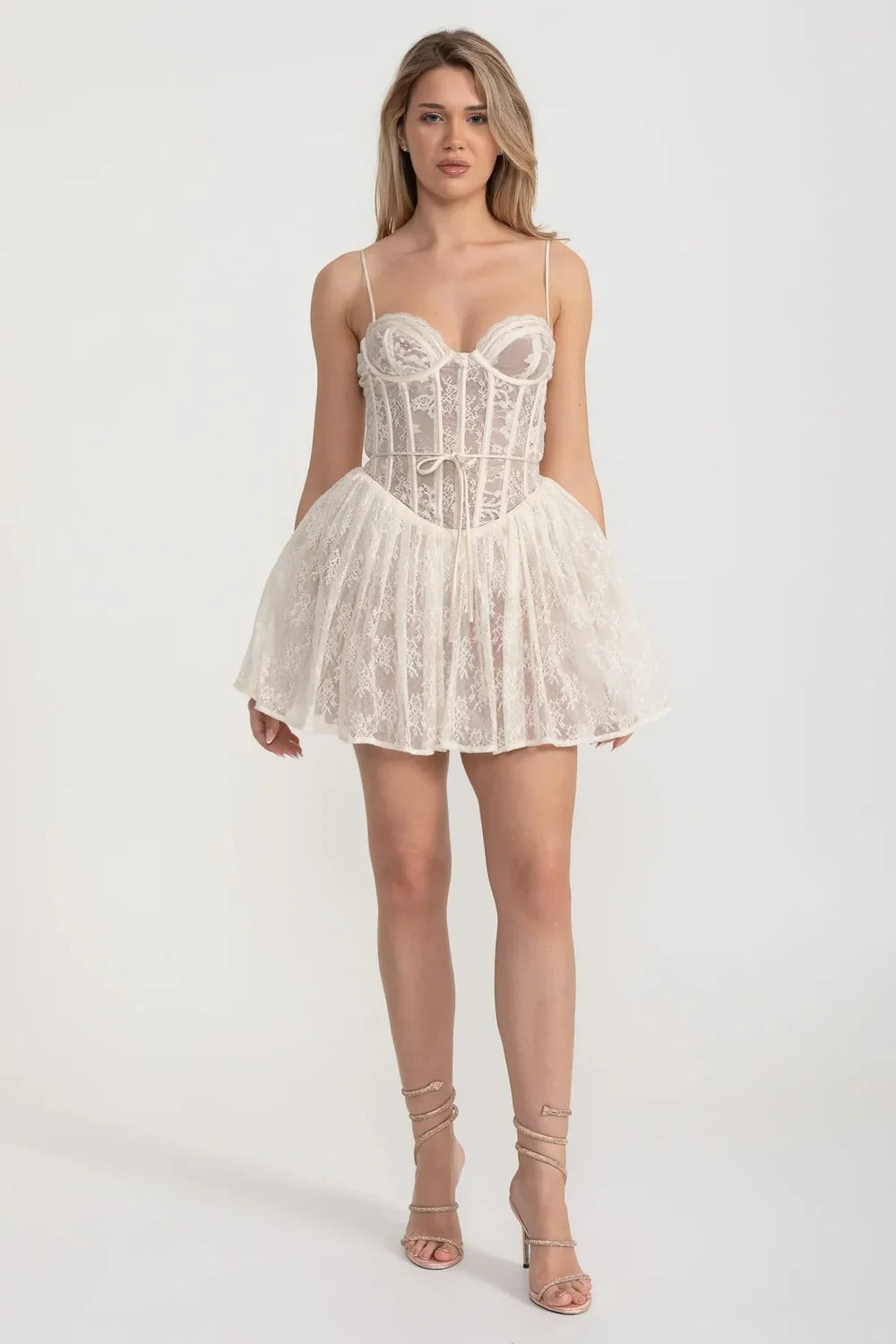 Lace Corset Mini Dress with Flared Skirt and Tie Waist - White