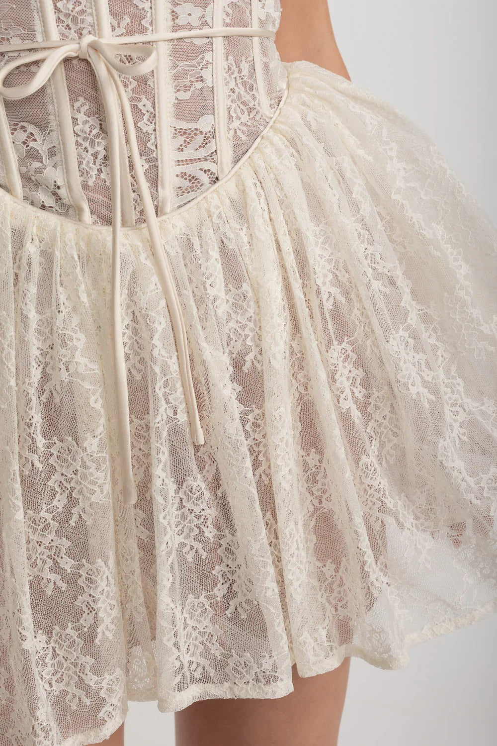 Lace Corset Mini Dress with Flared Skirt and Tie Waist - White