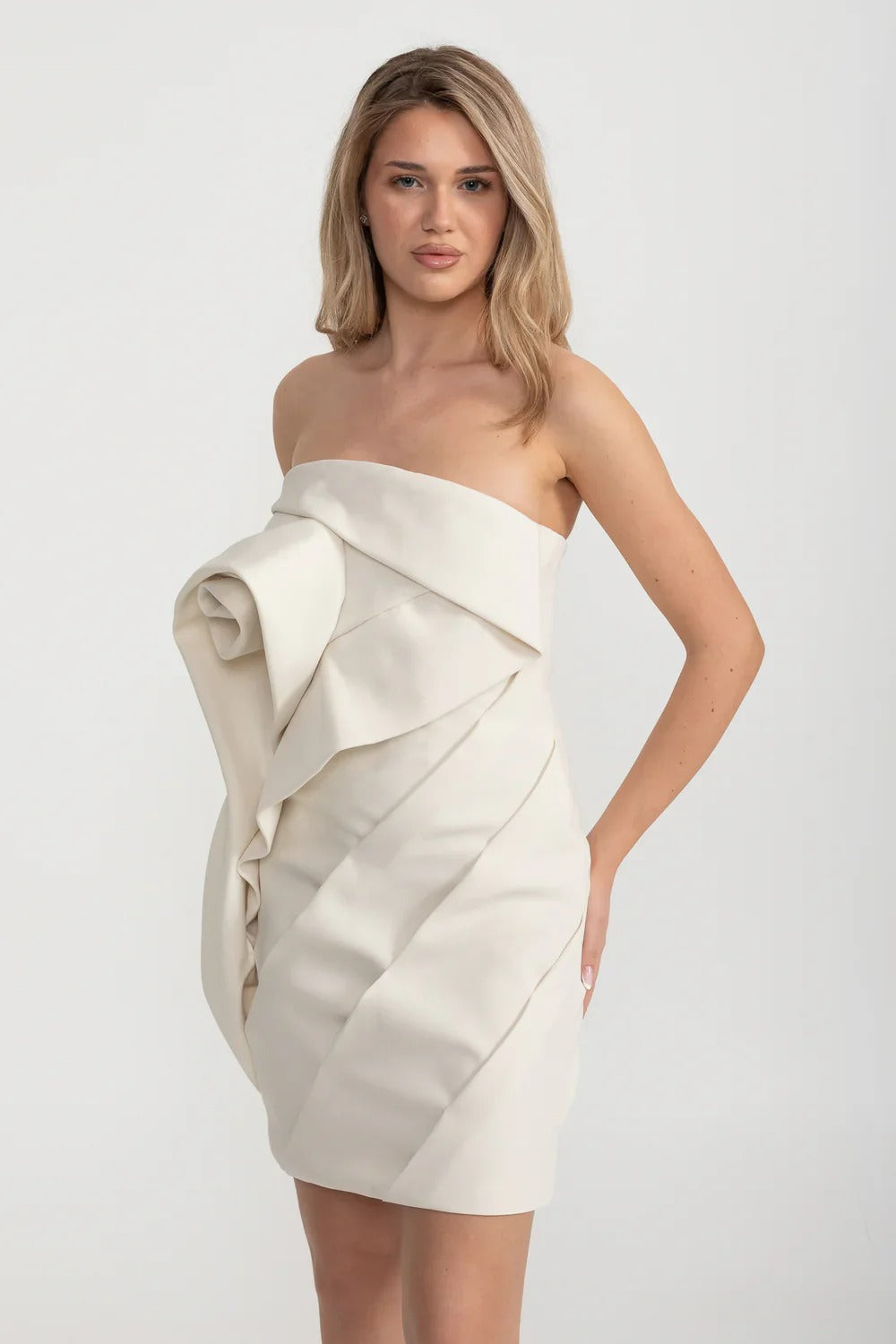 Strapless Sculptural Mini Dress with Draped Rosette Detail - Ivoire