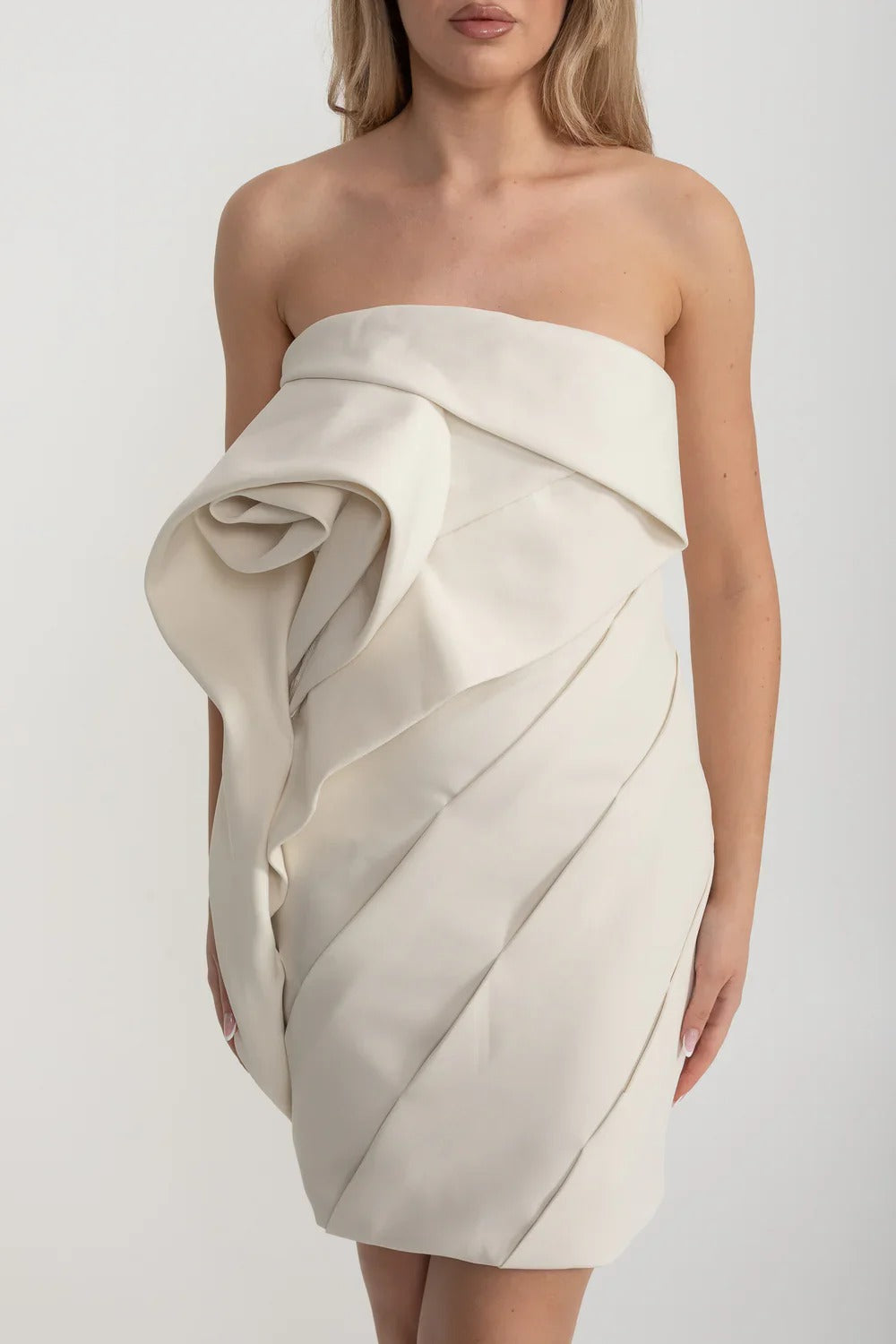 Strapless Sculptural Mini Dress with Draped Rosette Detail - Ivoire