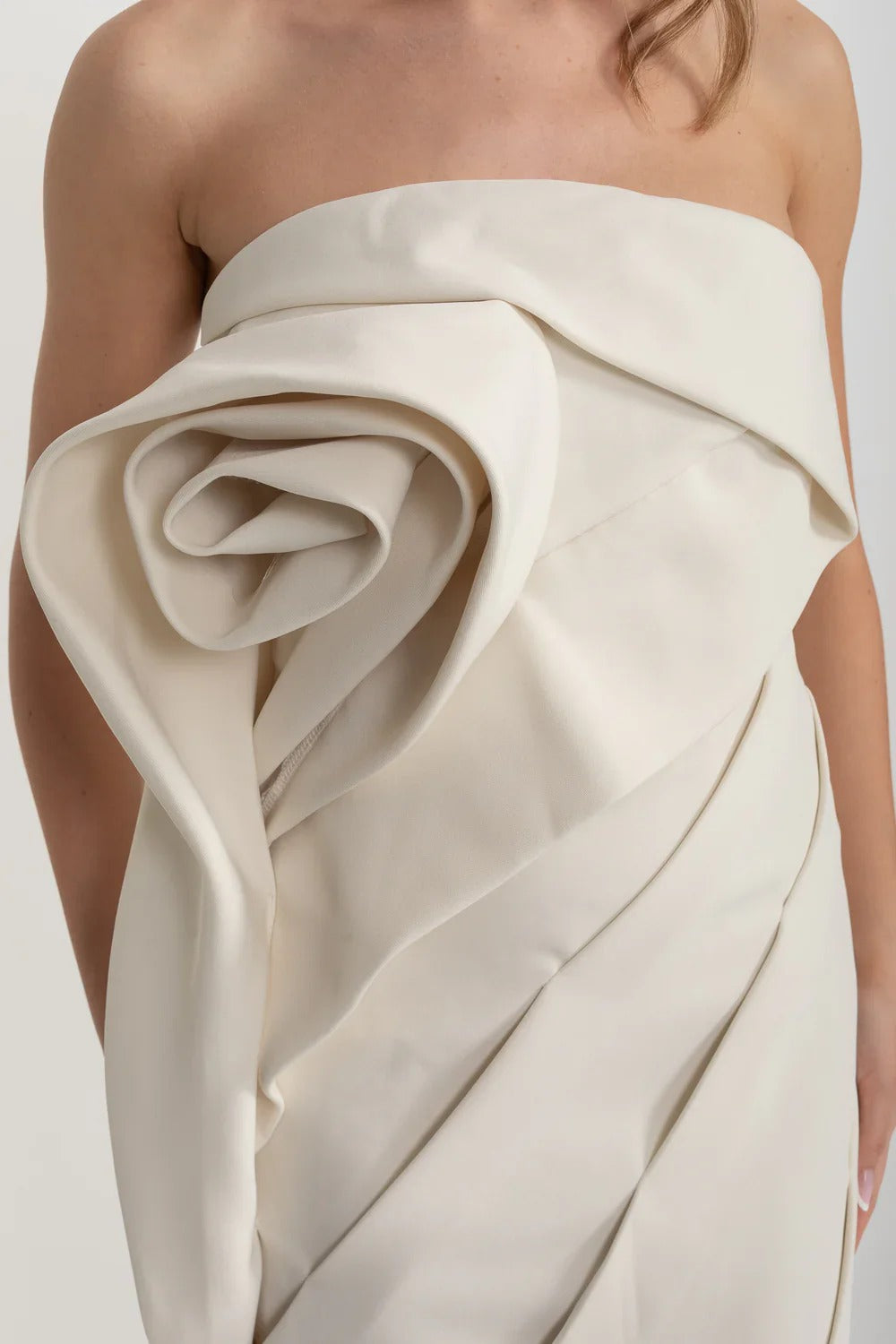 Strapless Sculptural Mini Dress with Draped Rosette Detail - Ivoire