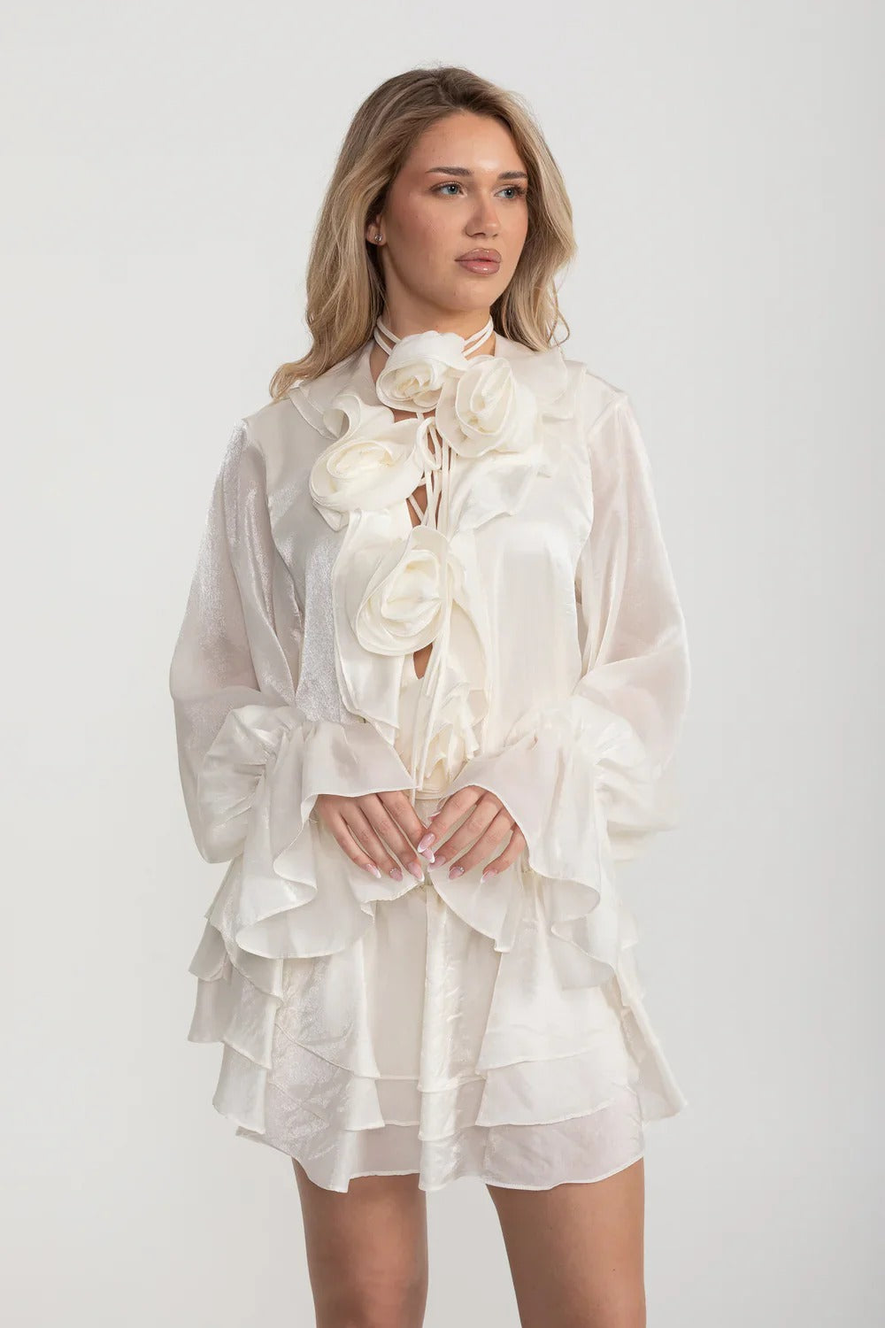Organza Rosette Mini Dress with Tiered Skirt - White