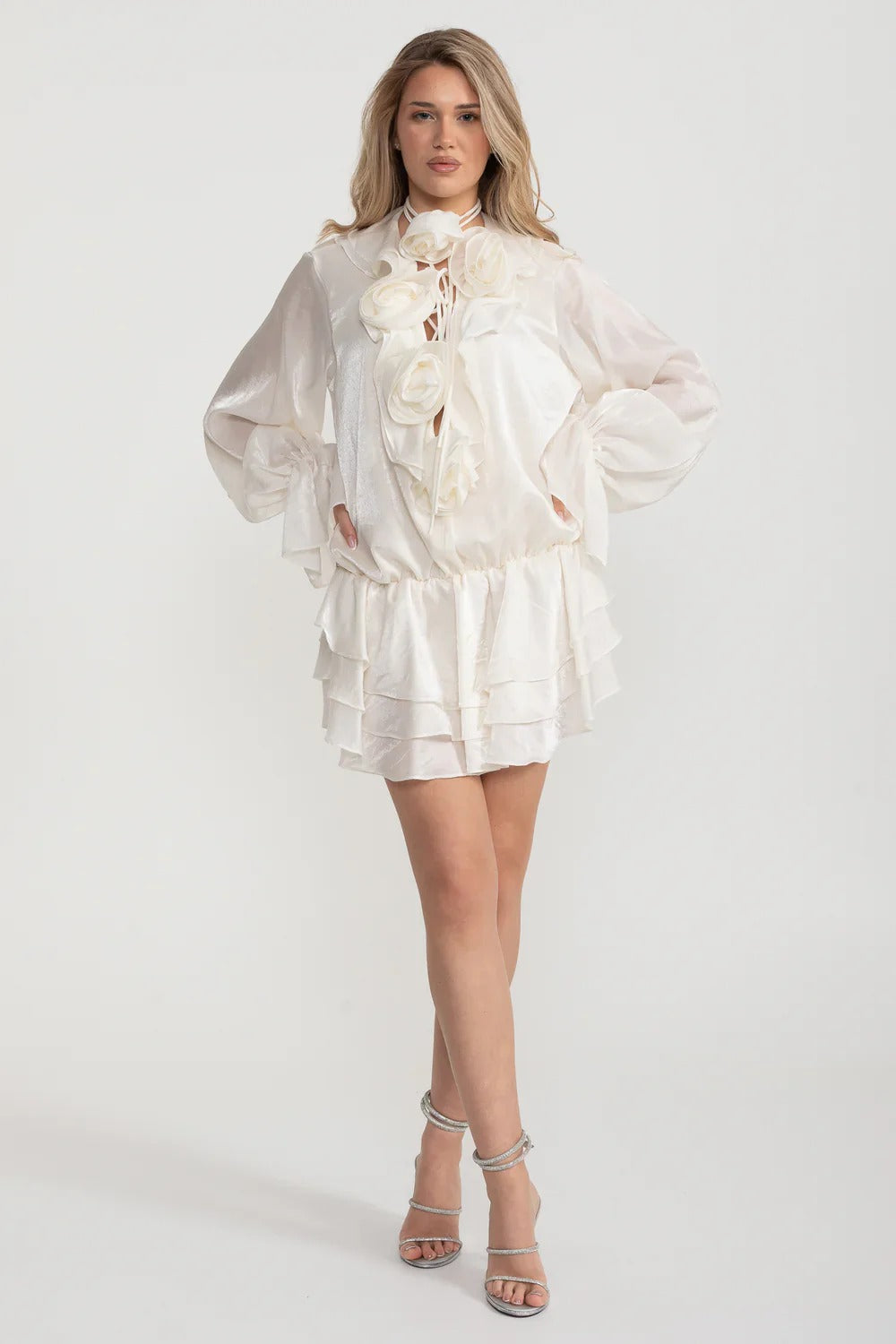 Organza Rosette Mini Dress with Tiered Skirt - White