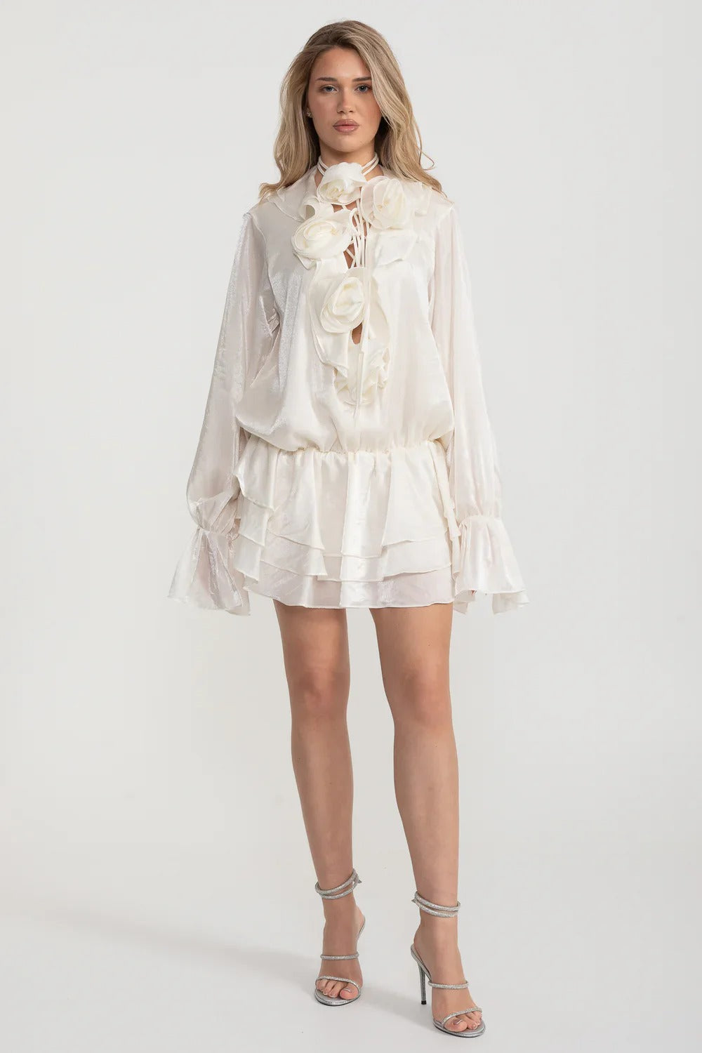 Organza Rosette Mini Dress with Tiered Skirt - White