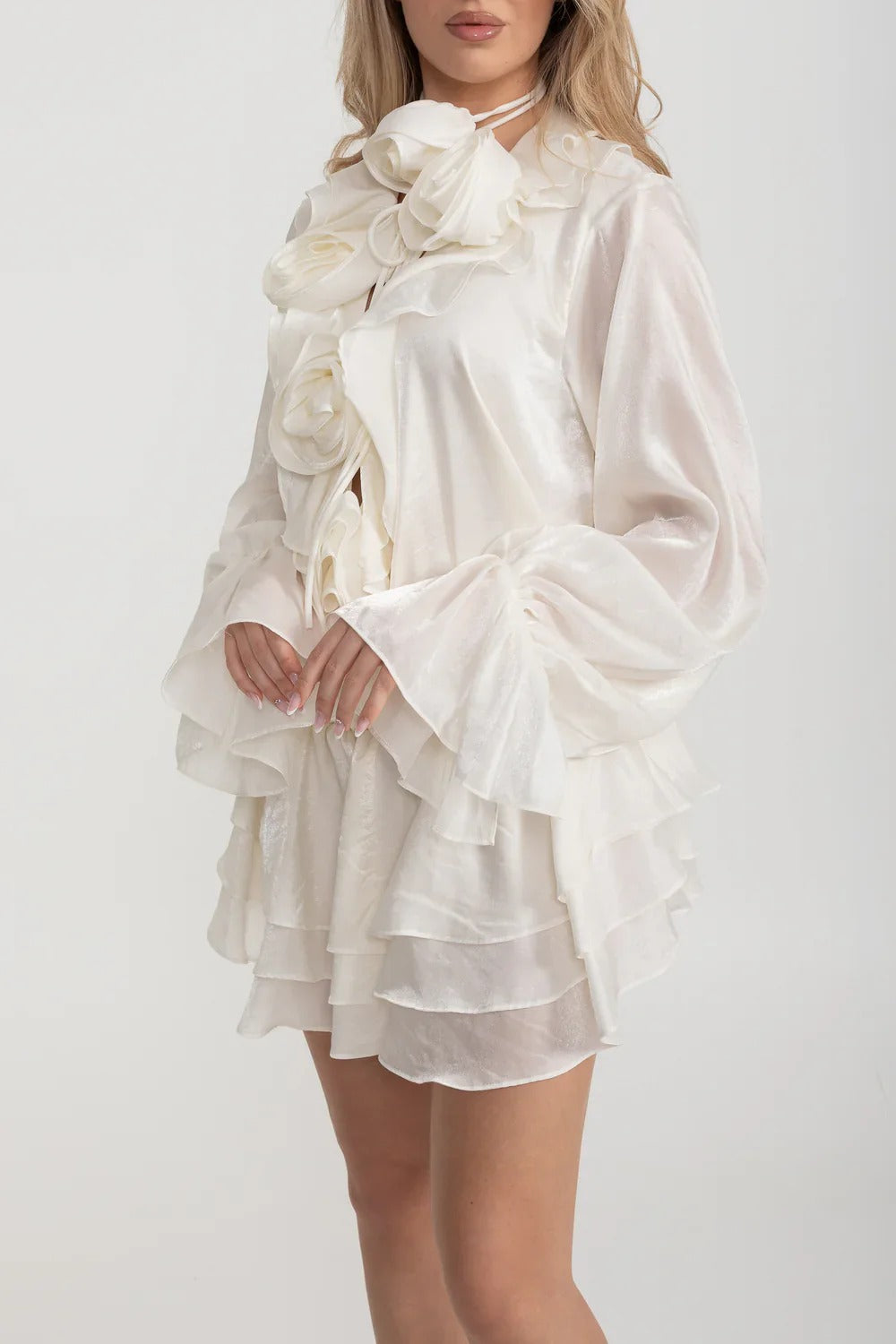 Organza Rosette Mini Dress with Tiered Skirt - White
