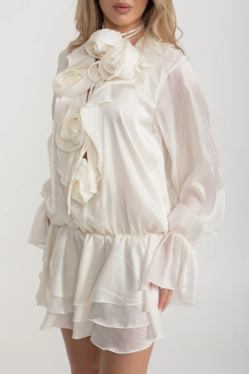 Organza Rosette Mini Dress with Tiered Skirt - White