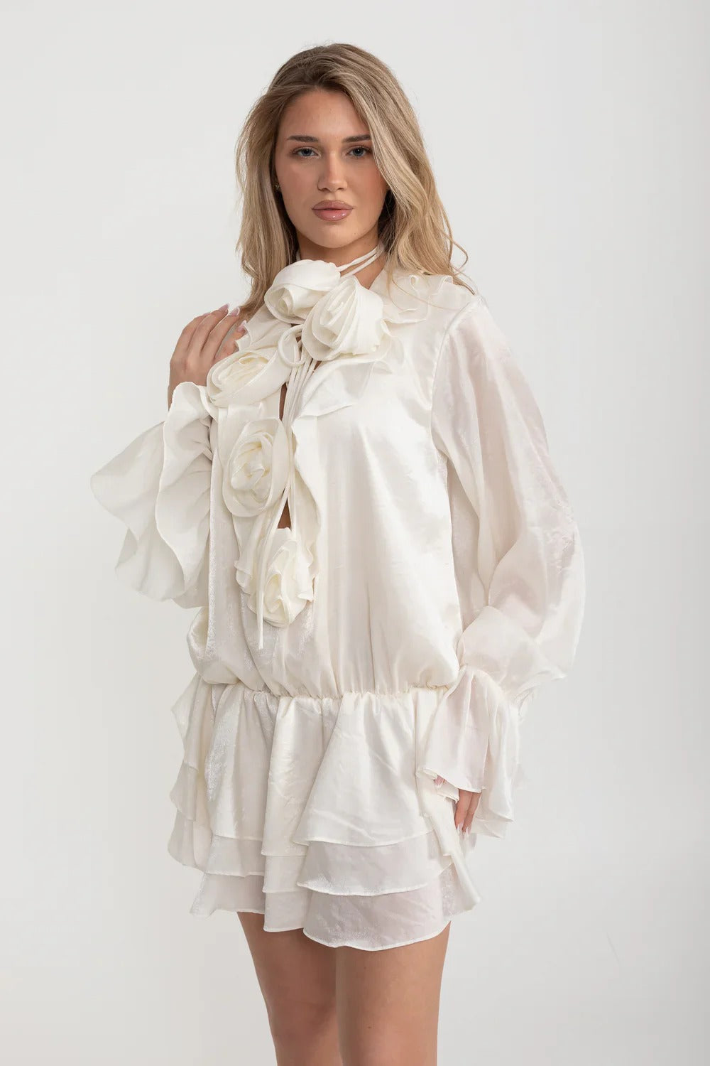 Organza Rosette Mini Dress with Tiered Skirt - White