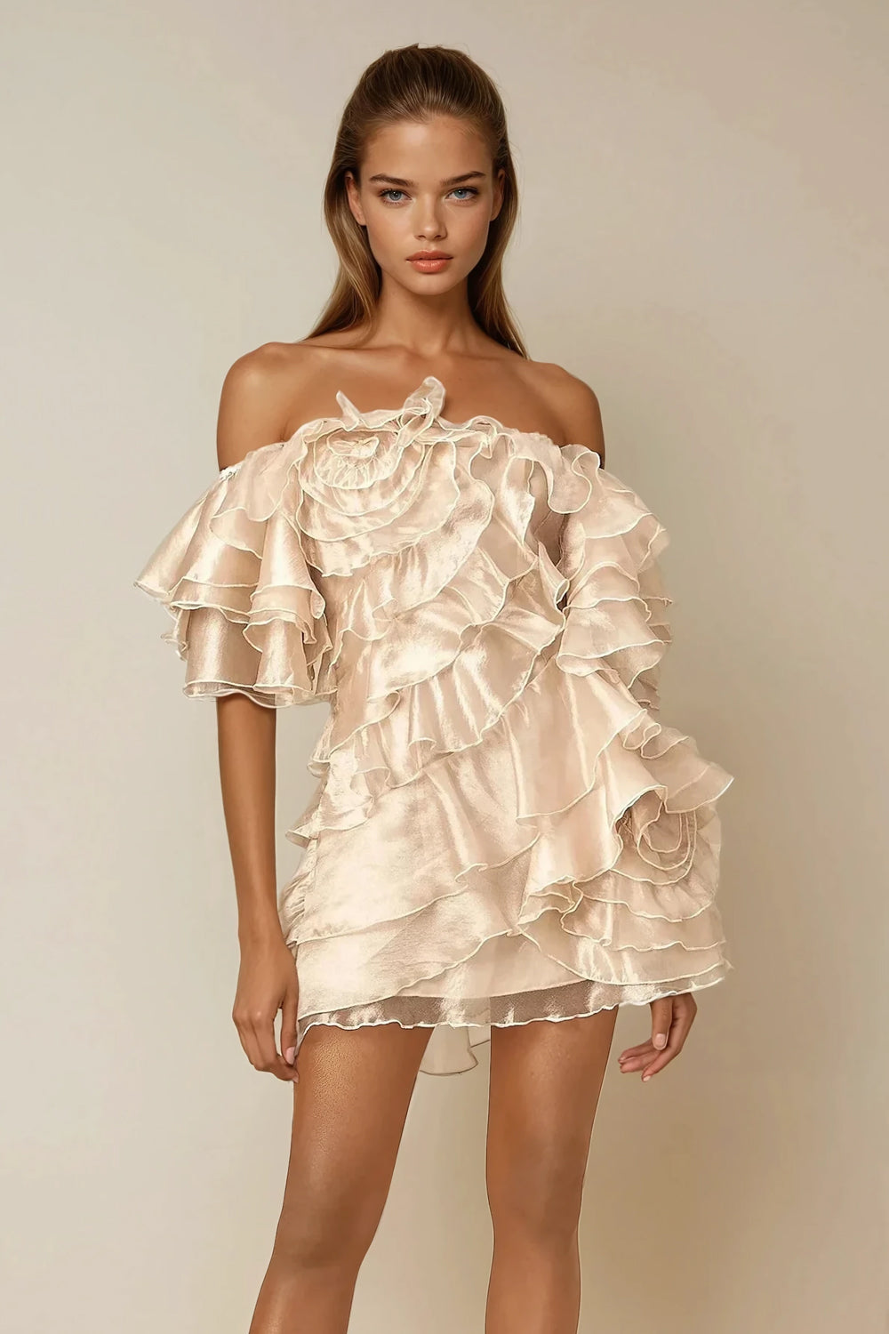 Off Shoulder Mini Dress with Layered Ruffles - White