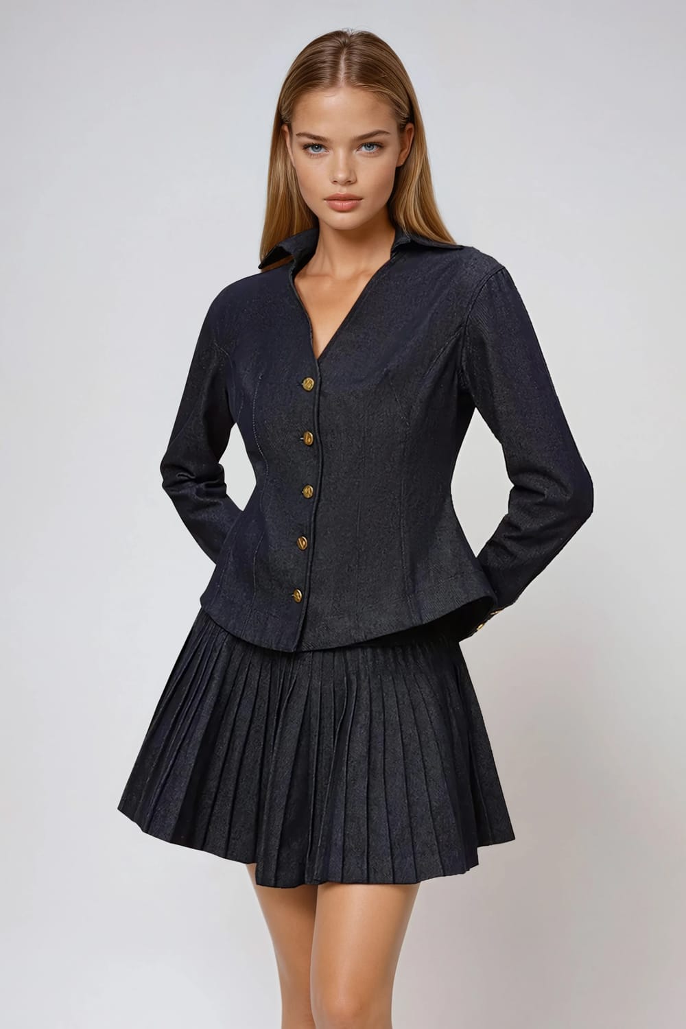 Two-Piece Set with Button-Up Long Sleeve Blazer and Pleated Mini Skirt - Blue