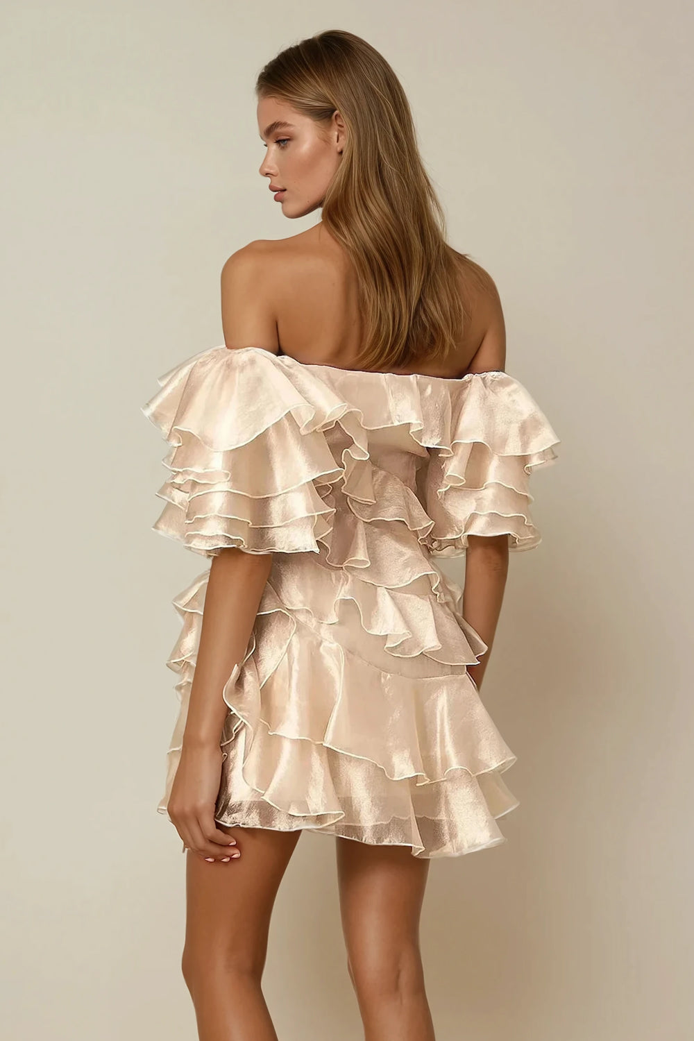 Off Shoulder Mini Dress with Layered Ruffles - White