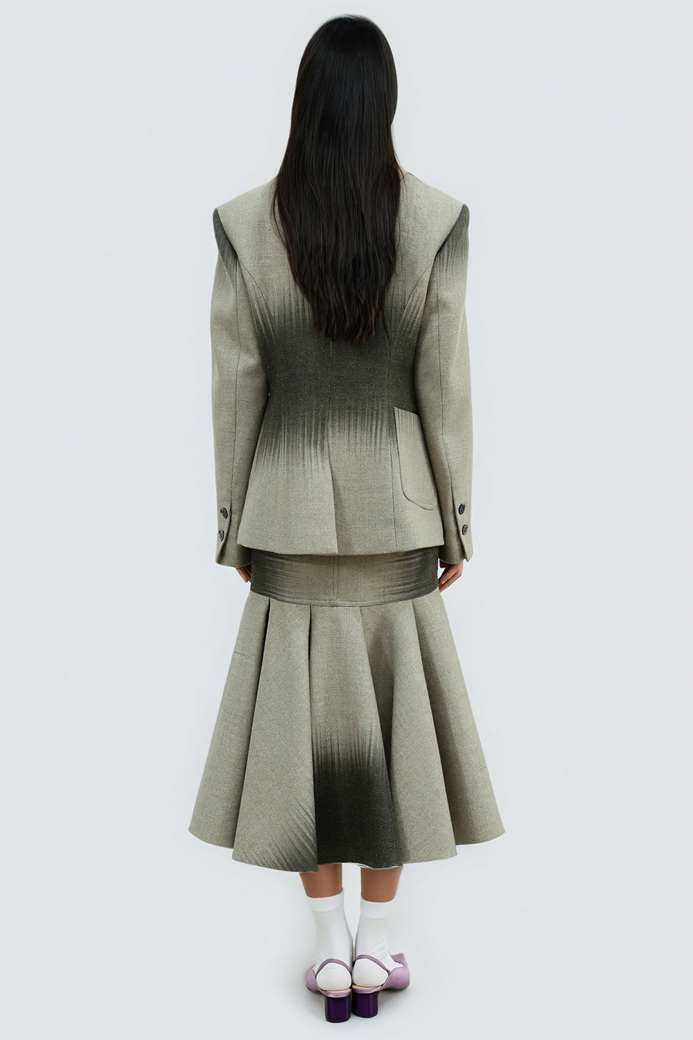 Two-Piece Set with Gradient Blazer Overlay and Flared Skirt - Gray
