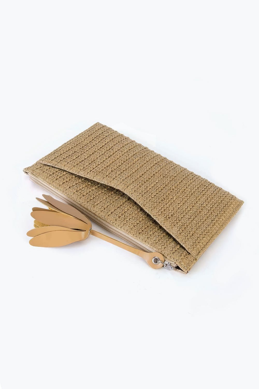 Woven Clutch Bag with Flower Detail and Outer Pocket