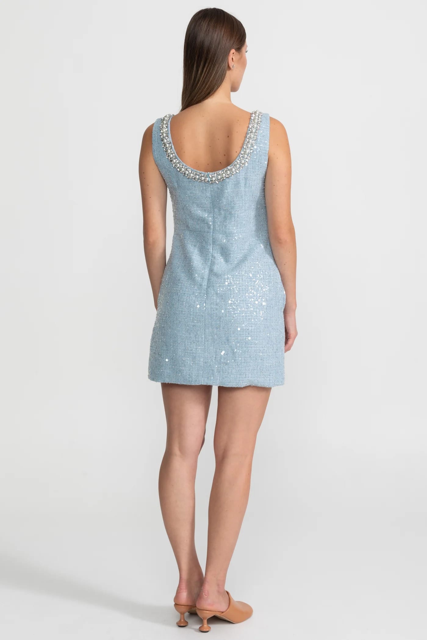 Sleeveless Mini Dress with Beaded Bow Detail - Blue