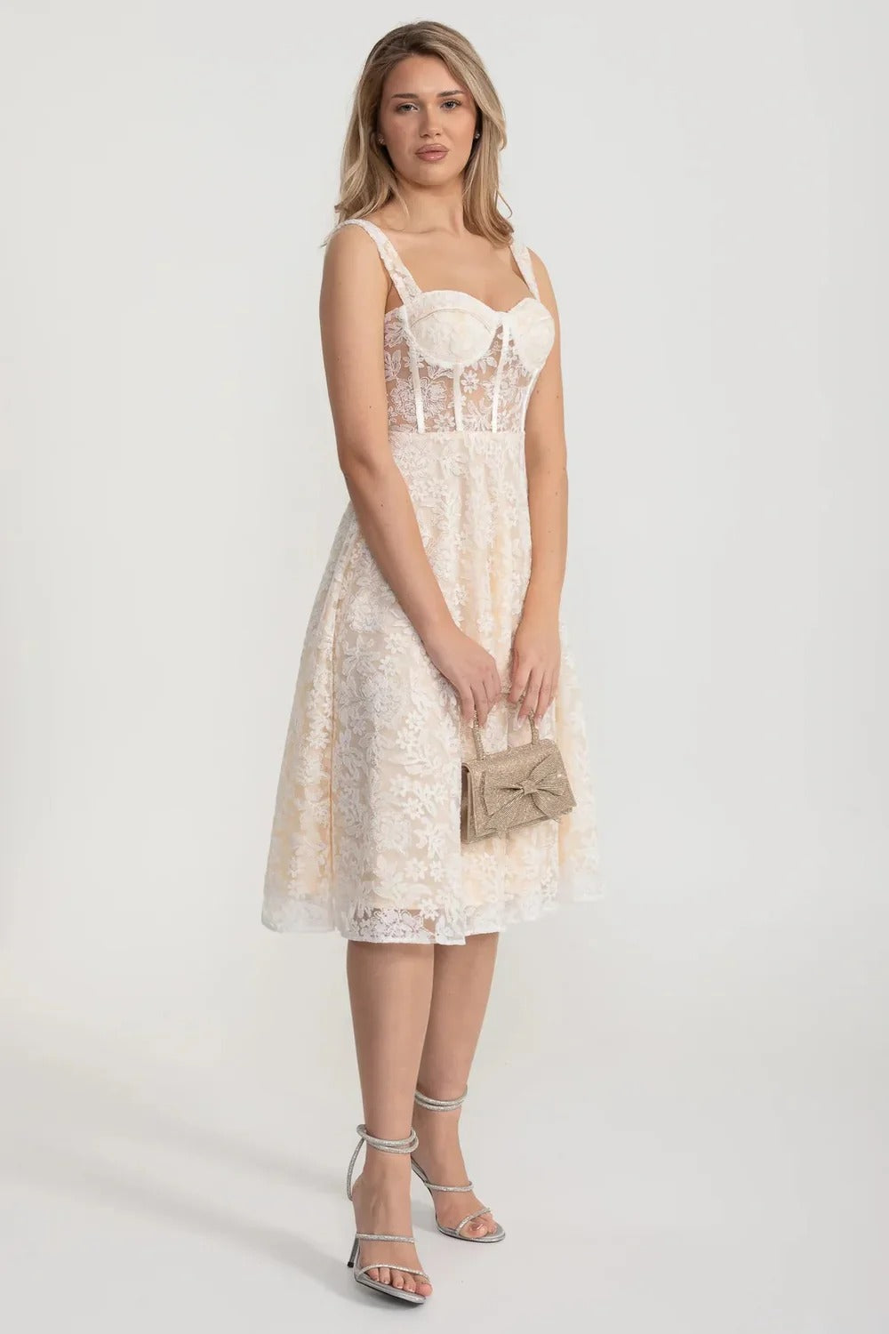 Embroidered Lace Midi Dress with Sheer Corset Bodice - Ivoire