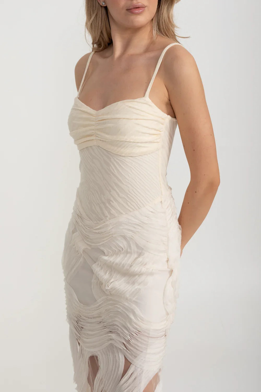 Sheer Appliqué Maxi Dress with Ruched Bodice - Ivoire