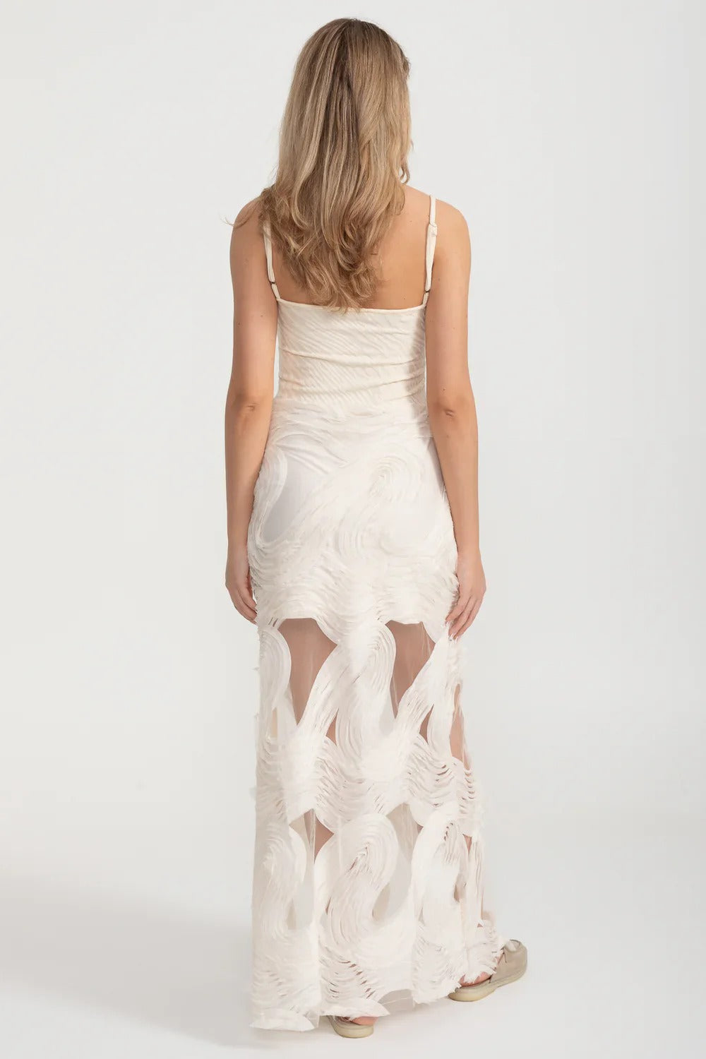 Sheer Appliqué Maxi Dress with Ruched Bodice - Ivoire