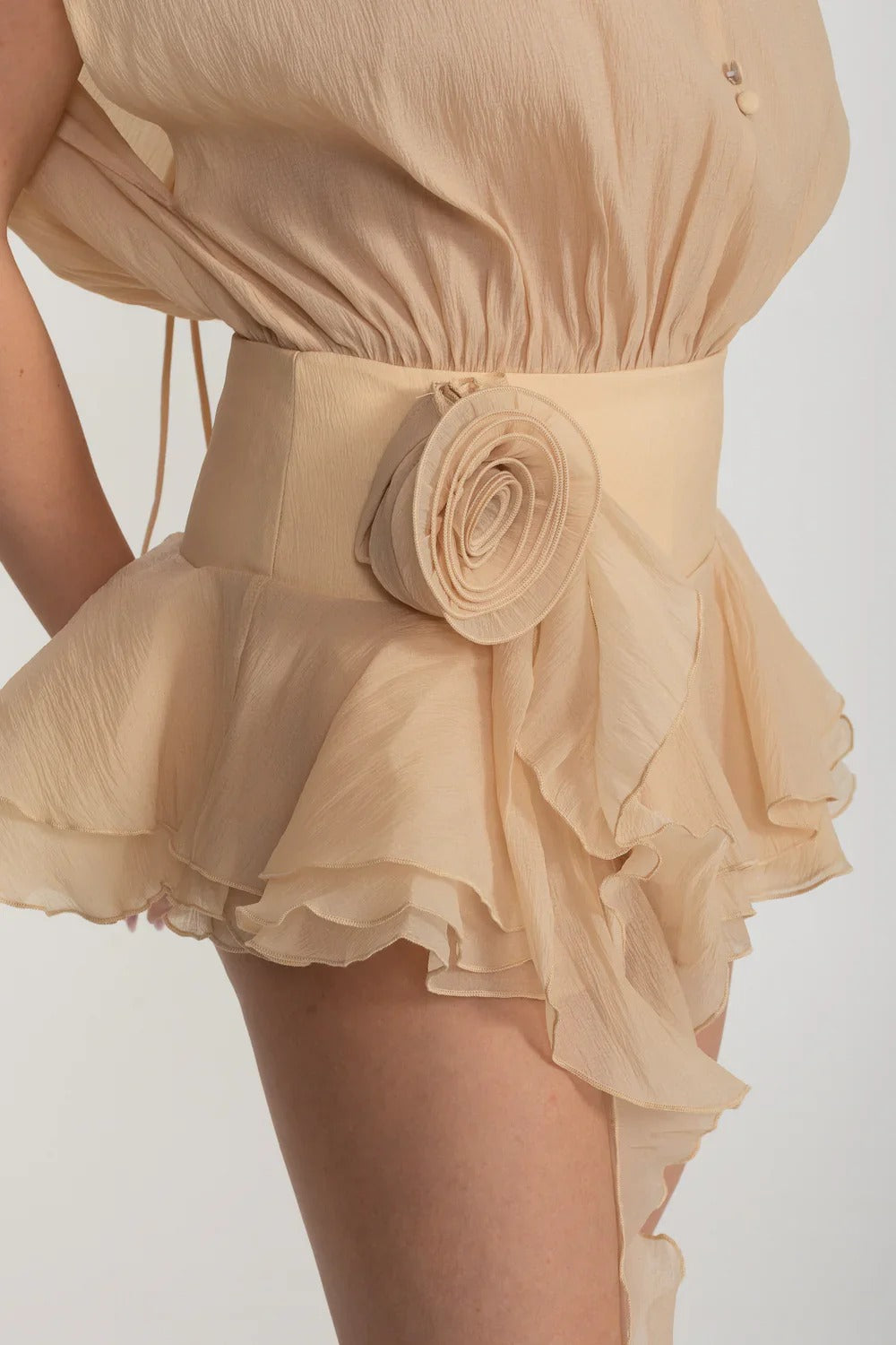 Off-Shoulder Ruffle Romper with Tie Back - Beige