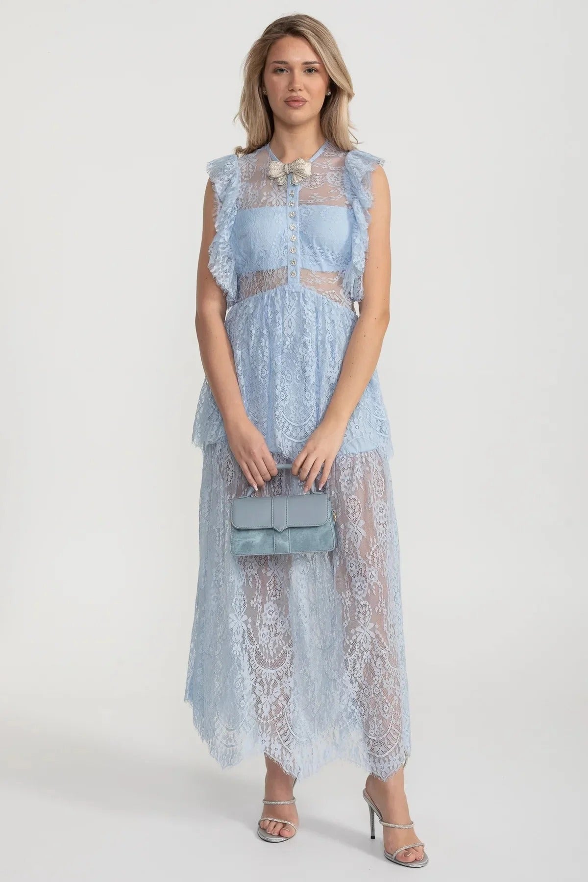 Lace Maxi Dress with Crystal Bow and Sheer Layers - Blue