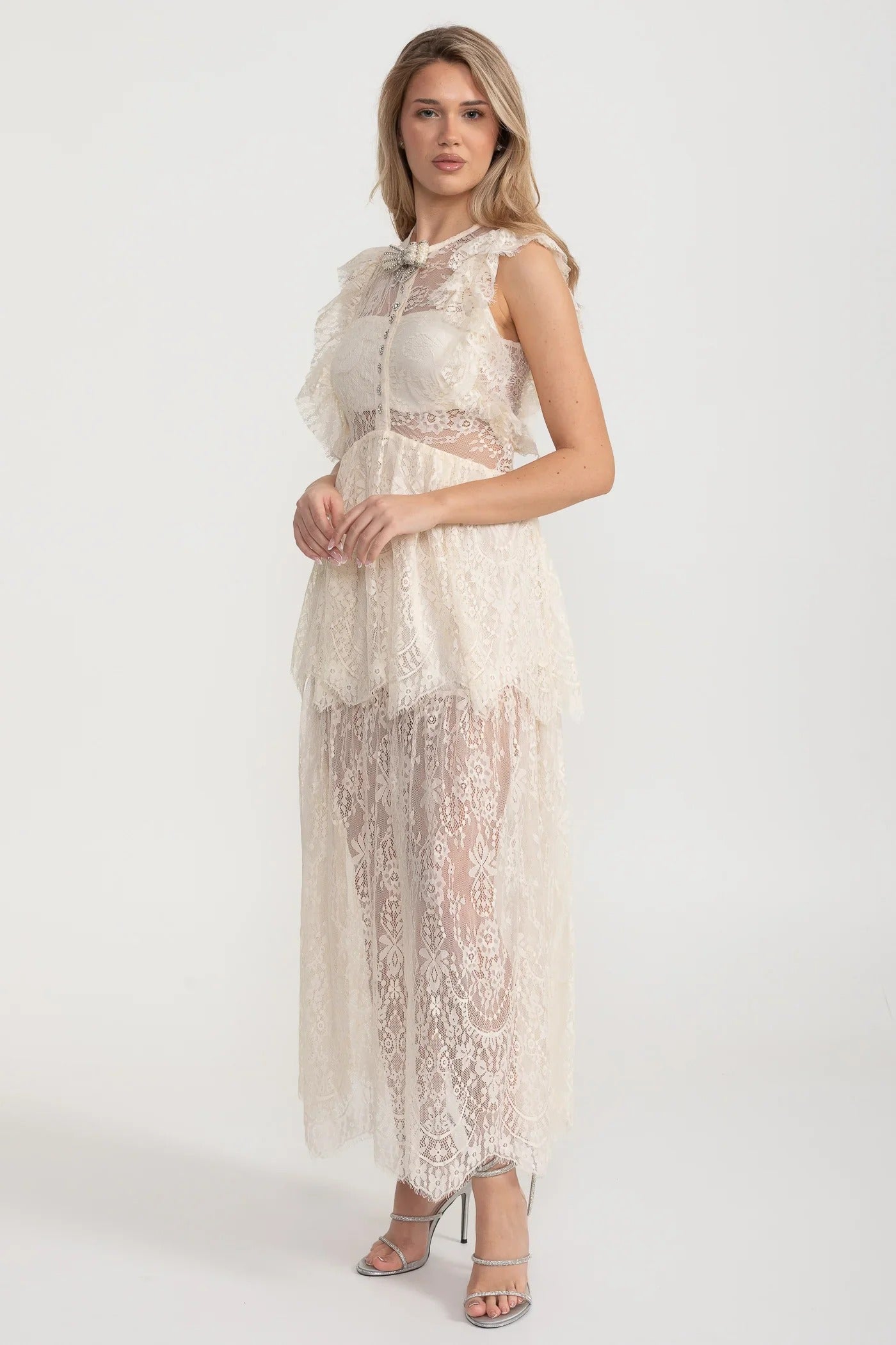 Lace Maxi Dress with Crystal Bow and Sheer Layers - White