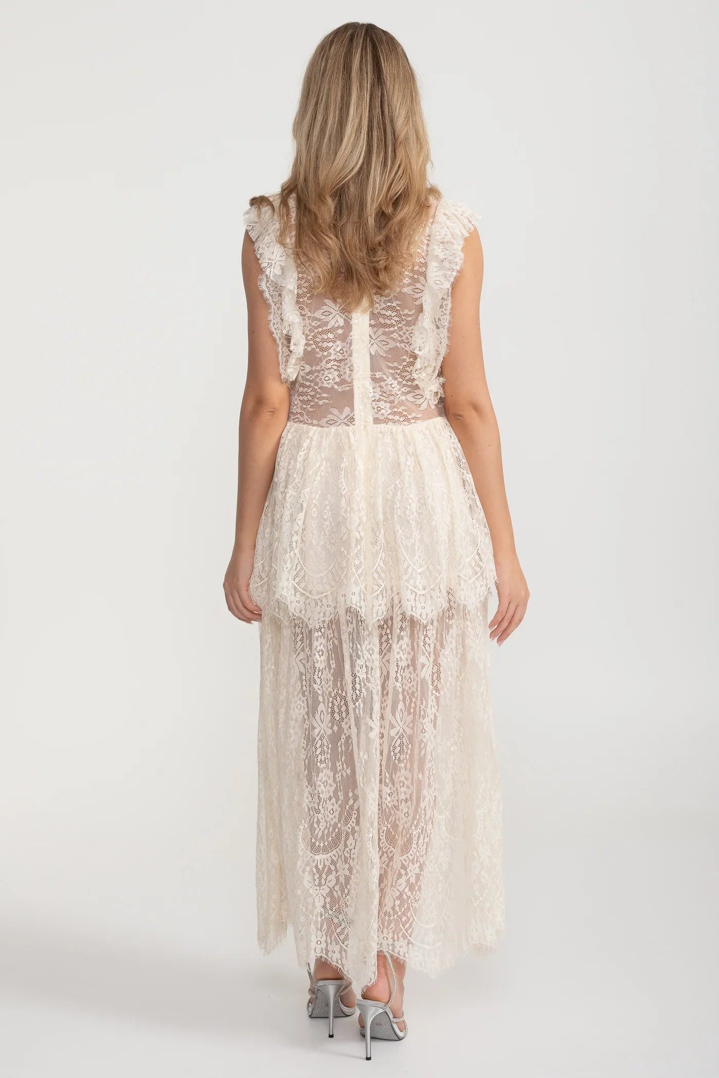 Lace Maxi Dress with Crystal Bow and Sheer Layers - White