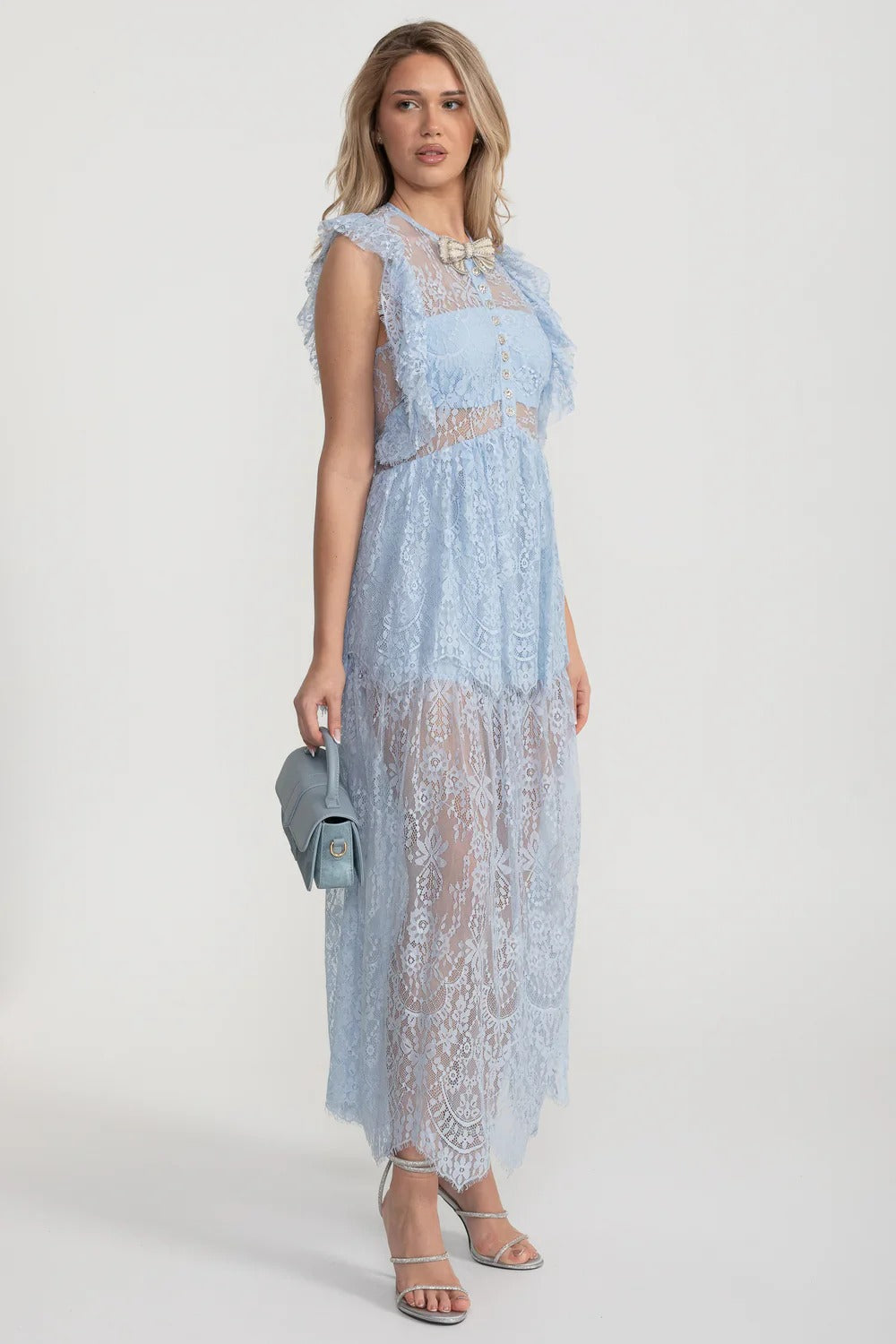 Lace Maxi Dress with Crystal Bow and Sheer Layers - Blue
