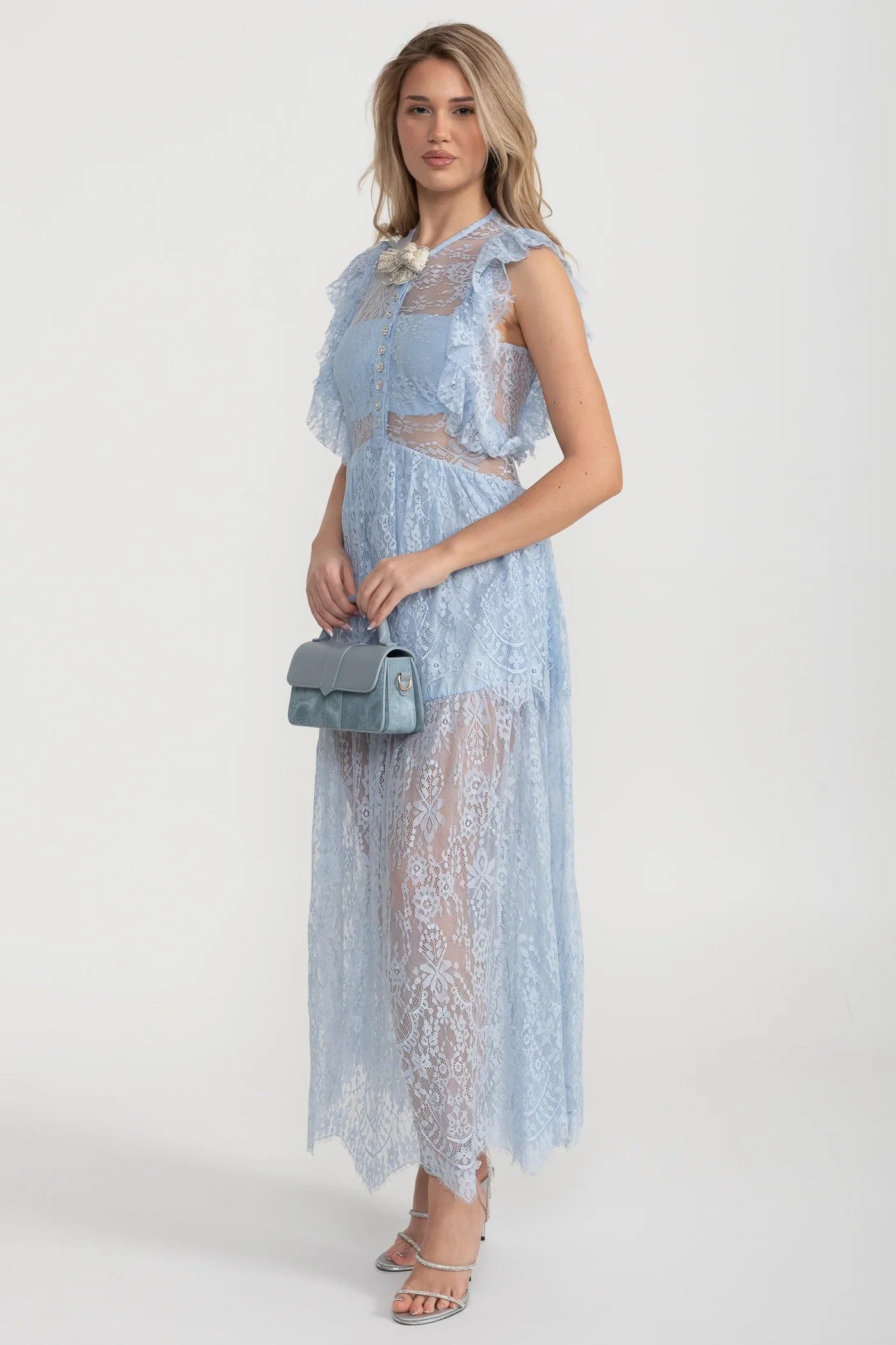 Lace Maxi Dress with Crystal Bow and Sheer Layers - Blue