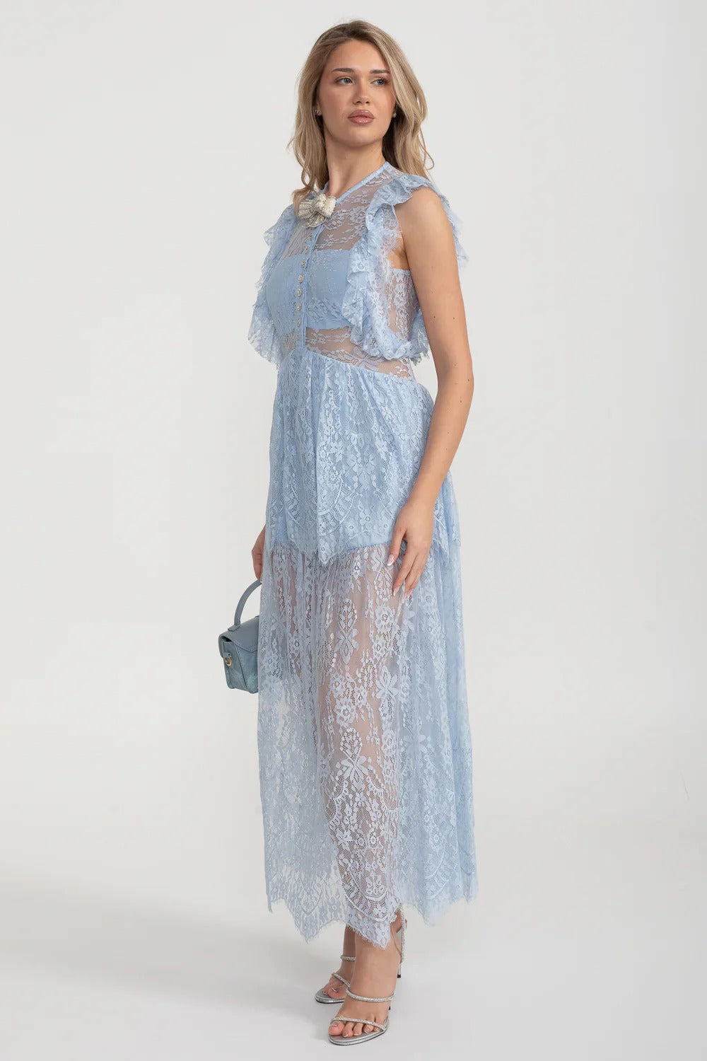 Lace Maxi Dress with Crystal Bow and Sheer Layers - Blue