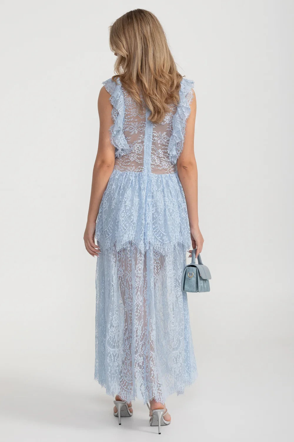 Lace Maxi Dress with Crystal Bow and Sheer Layers - Blue