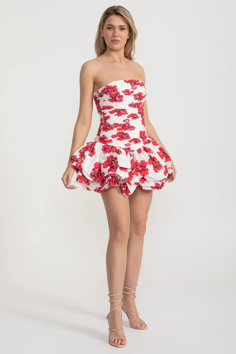 Strapless Ruched Dress with Floral Bubble Skirt - Red