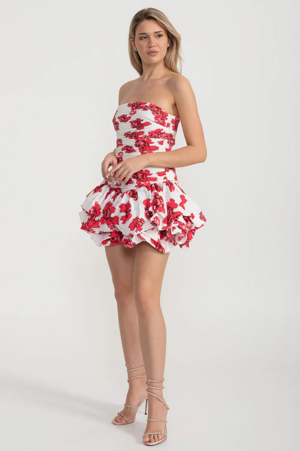Strapless Ruched Dress with Floral Bubble Skirt - Red