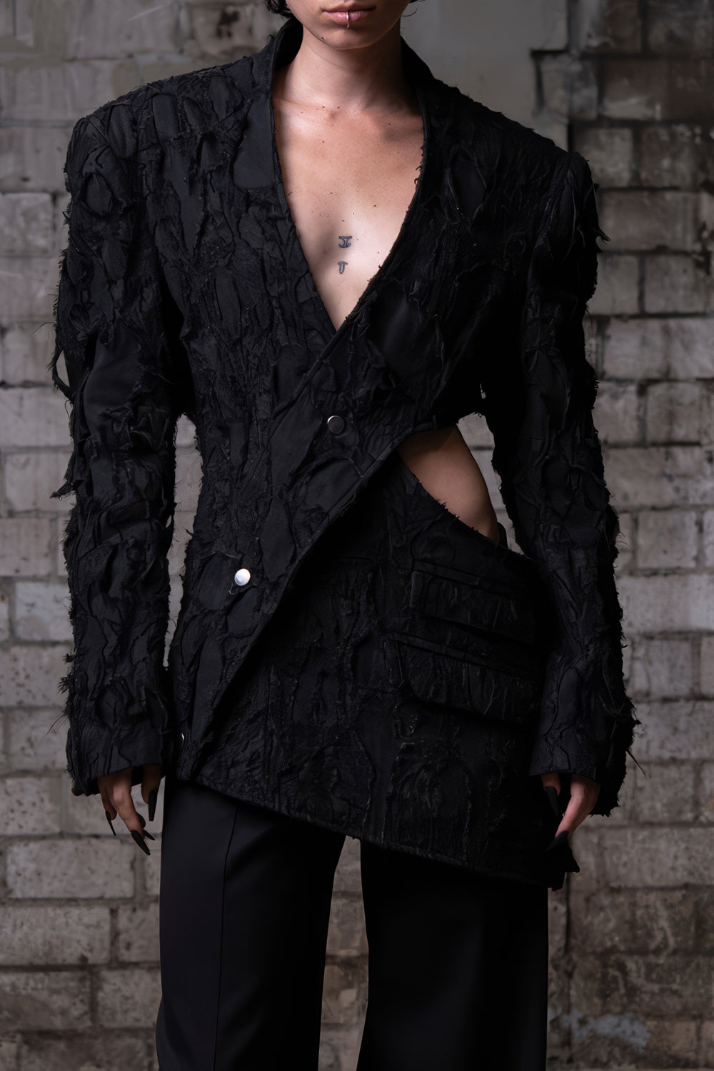 Asymmetrical Cut-Out Blazer with Pearl Accents